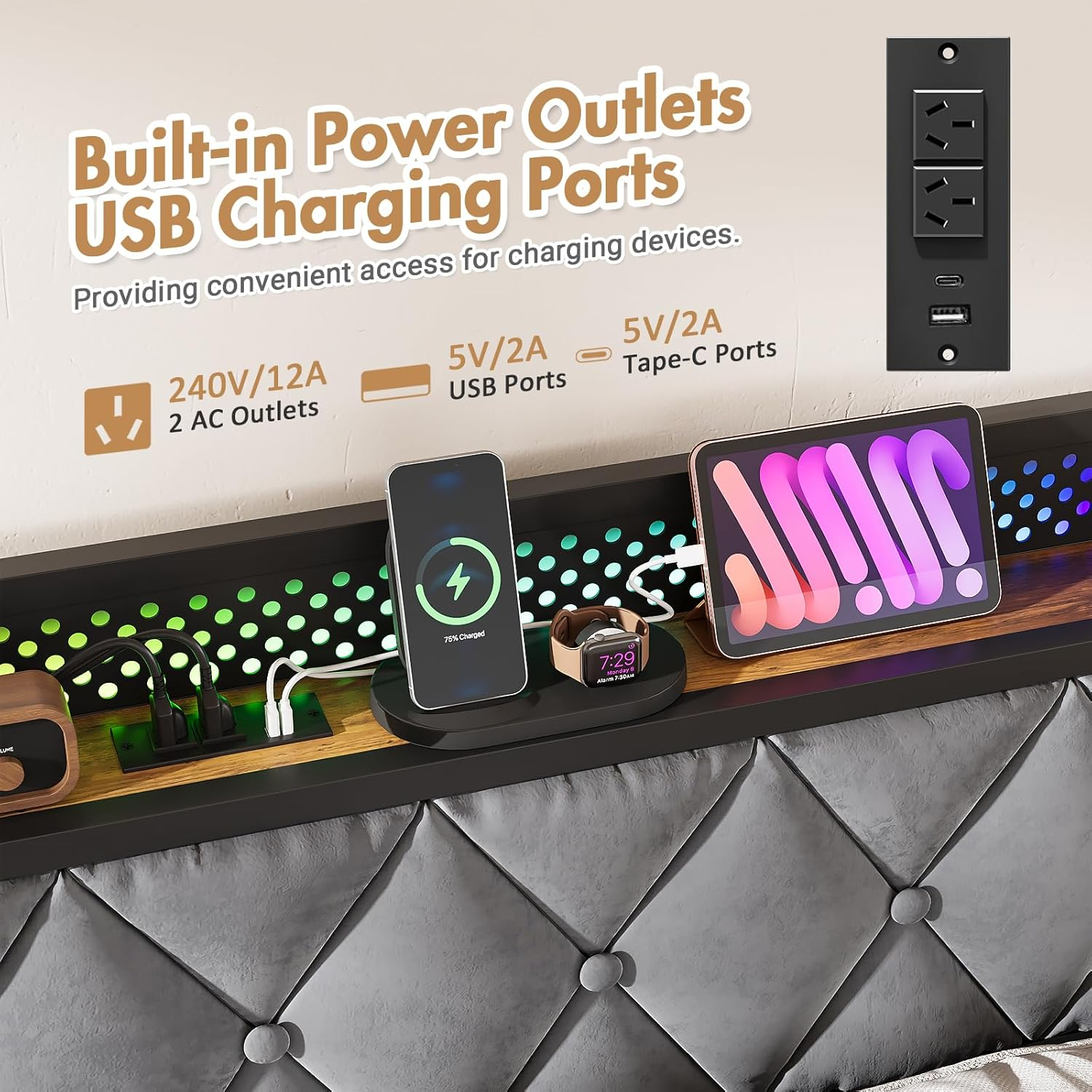 ADVWIN Queen Size Bed Frame, Storage Headboard with Led & Charging Station, Industrial Upholstered Platform Bed with Metal Mattress Base Support, No Box Spring Needed, Rustic Brown & Gray (Queen) image number 2