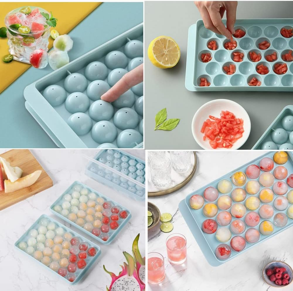 Round Ice Cube Tray Set of 4 Pack,Mini Ice Ball Maker Mold for Freezer,Reusable Ice Cube Molds for Cocktail Whiskey Tea & Coffee with 1 Ice Scoop(Blue+Pink) image number 3