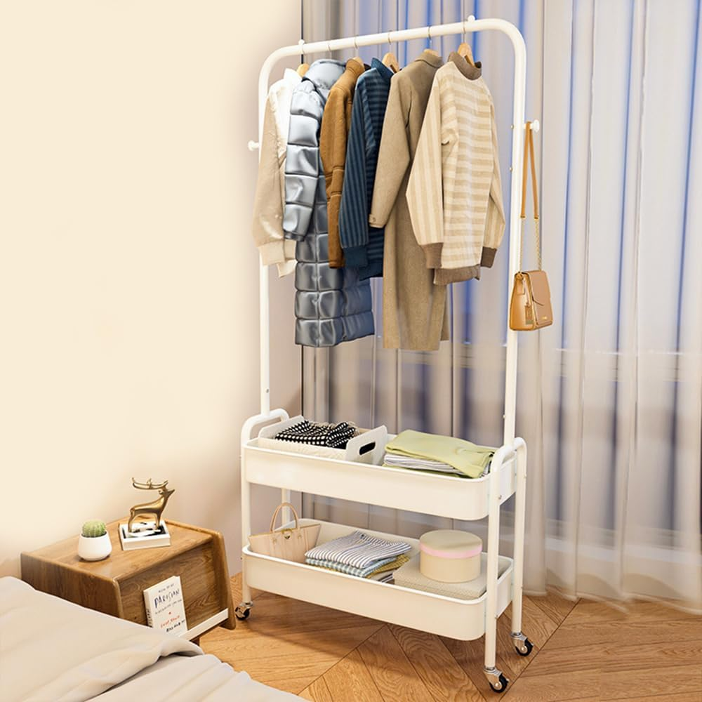 Clothes Rack Metal Clothes Rail Coat Rack for Bedroom Heavy Duty Clothing Rack Garment Rack 2-Tier Storage Shelves with Small Wheels Organiser Clothes 68Cm Width - Space-Saving Organizer (White) image number 1