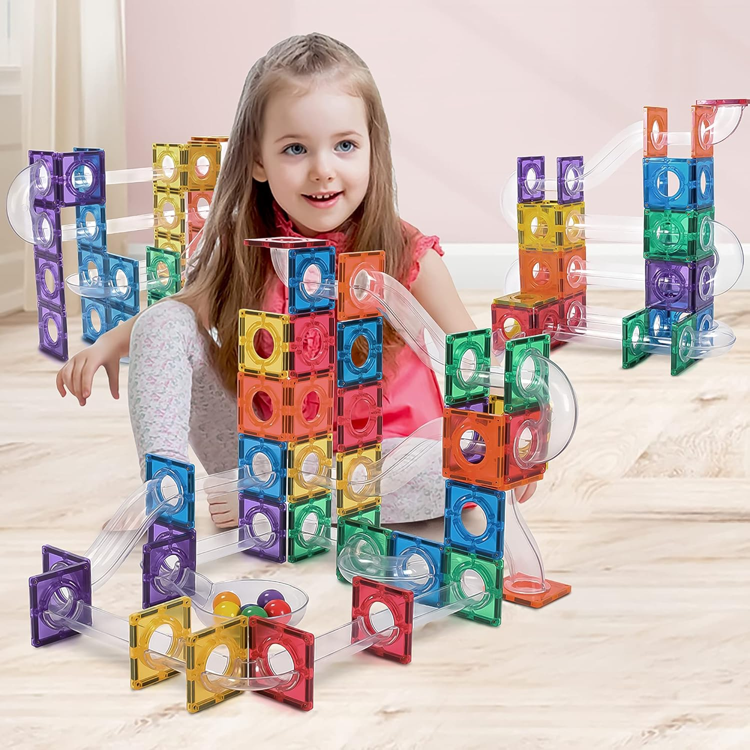 STEAM STUDIO Magnetic Tiles Marble Run 100Pcs, Rivet Secured Magnetic Tiles Connector with Clear Tubes, Building & Construction Toys for Open-Ended Play image number 4