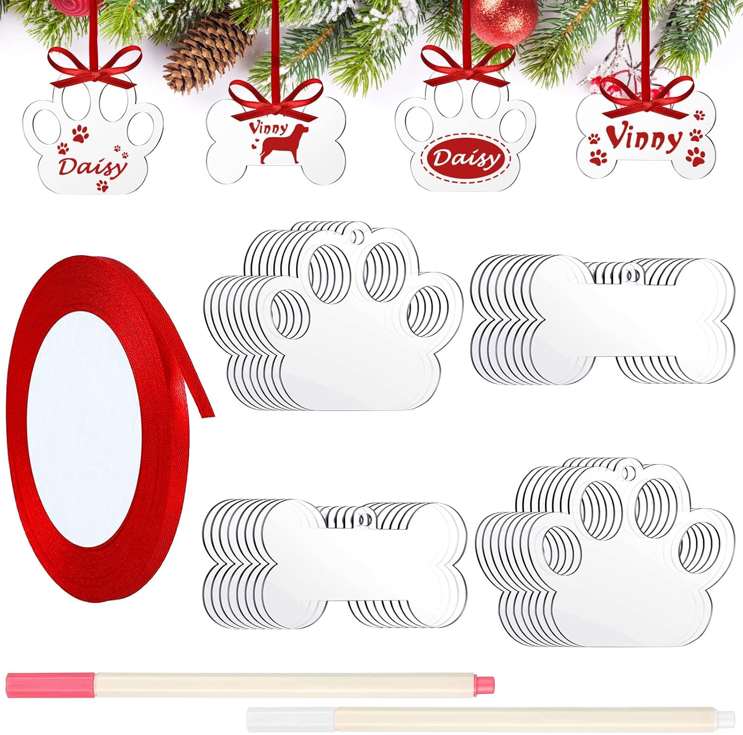35 Pieces Christmas Acrylic Ornaments Blank Dog Paw Bone Ornaments round Disc Heart Hanging Ornament DIY Stocking Name Tag Acrylic Ornament with Paint Pen and Ribbon for Christmas Crafts (White) image number 5
