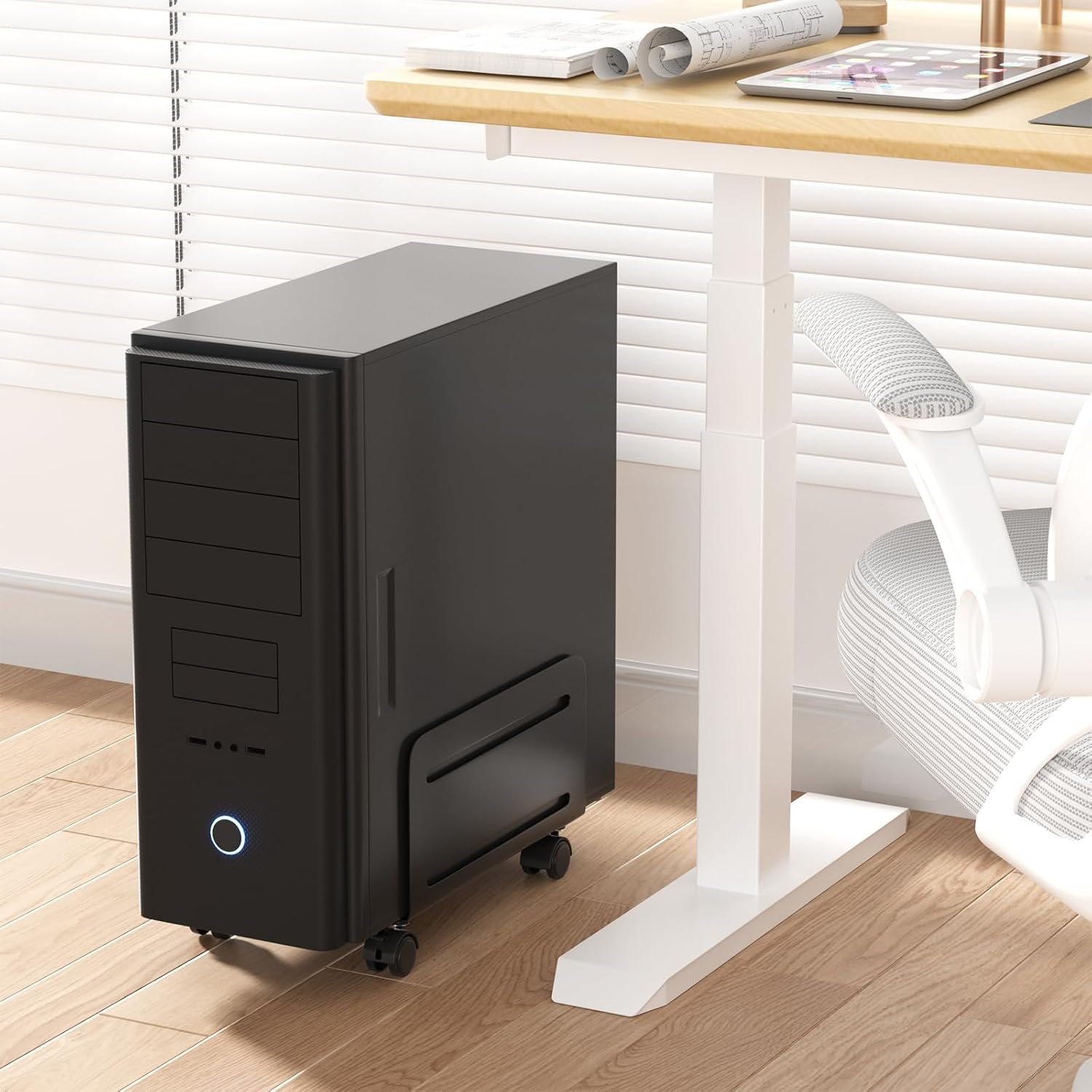 AGPTEK Adjustable and Lockable CPU Stand, Computer Tower Stand Adjustable Width from 12Cm to 20.8Cm with 2 Locking Wheels and 2 Caster Wheels, UPC Steel Rolling Stand Computer Stand for Desktop Tower image number 4