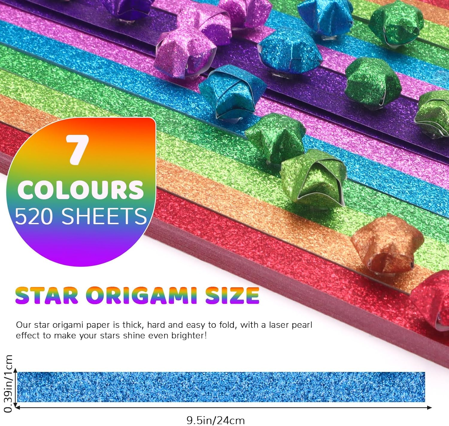 520 Sheets Glitter Origami Star Paper, 7 Colors Single Sided Paper Strips, Colourful Decoration Lucky Star Folding for Art Crafts Gift DIY Supplies