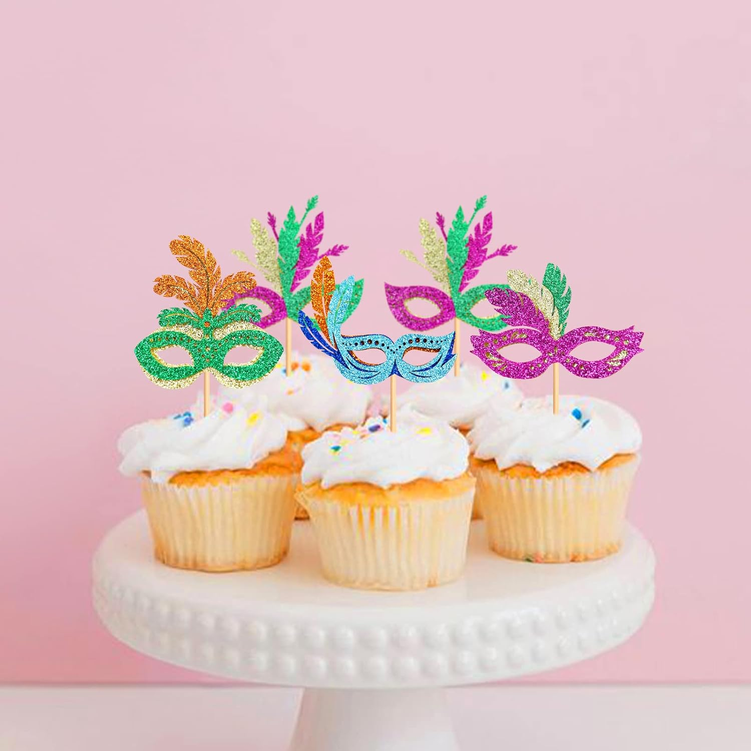24PCS Masquerade Masks Cupcake Topper Mardi Gras Bachelorette Mask Cupcake Toppers Masquerade Mardi Gras Baby Shower Birthday Party Decorations Supplies 2 image number 4