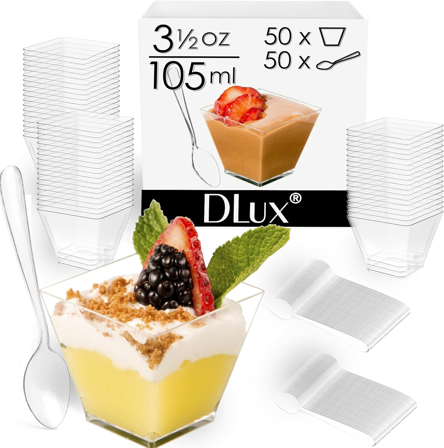 Dlux Mini Dessert Cups with Spoons (105 Ml X 50 Pcs) Clear Plastic Parfait Appetizer Cups, Square Medium 3.5 Oz Small Reusable Bowl for Party Desserts Appetizers - with Recipe Ebook image number 2