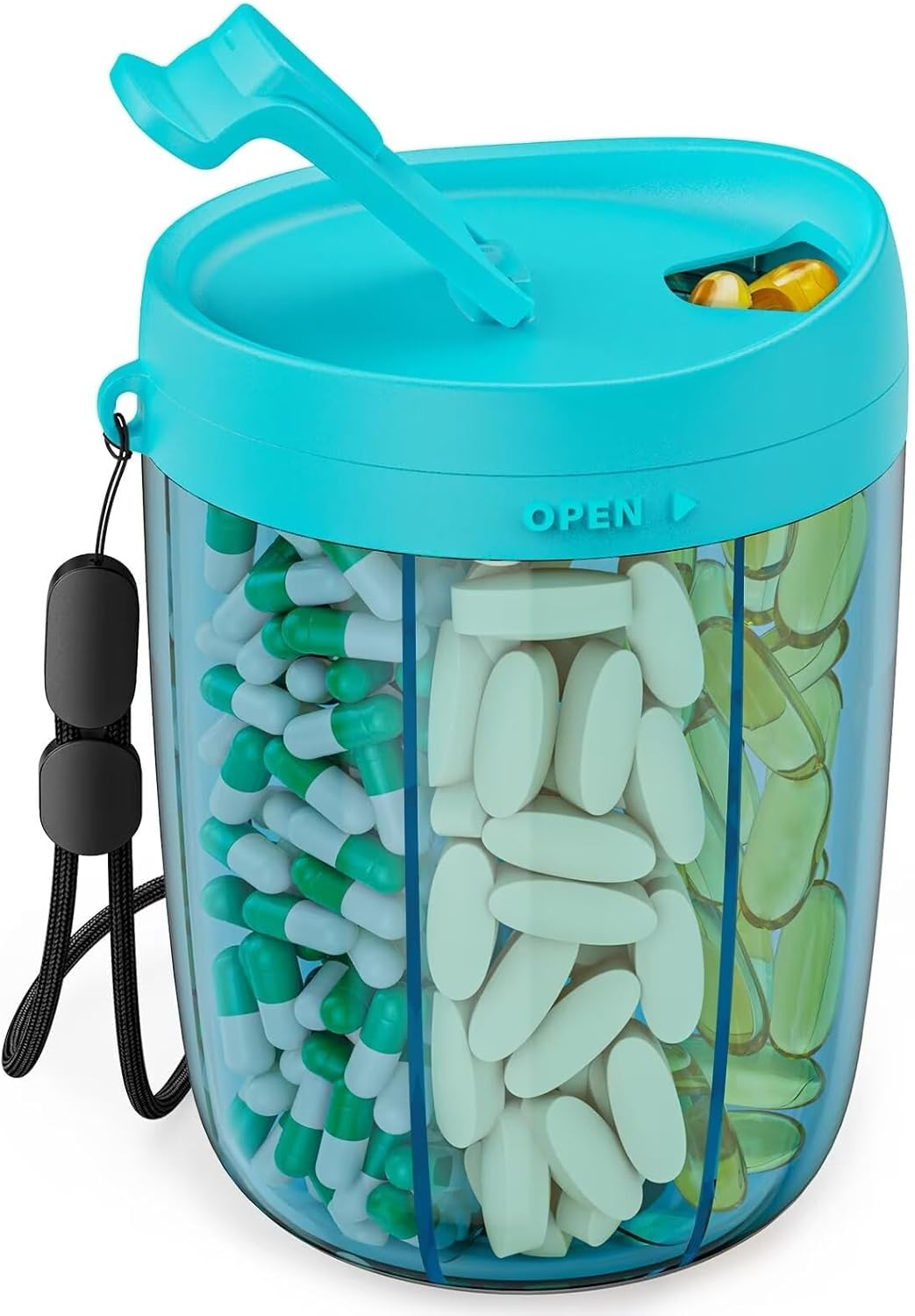 PULIV Large Supplement Organizer Bottle, Holds Plenty of Vitamins in 1 Monthly Pill Dispenser with Anti-Mixing & Wide Openings Design, Easy to Retrieve Meds, Includes 20 Pcs Stick-On Labels Blue