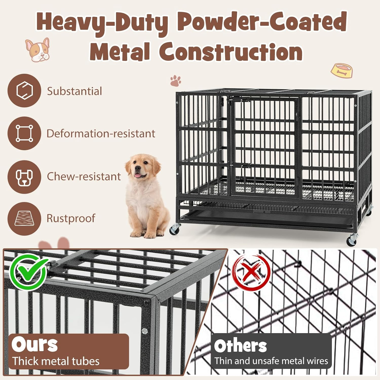 Costway 96CM/120CM Foldable Heavy-Duty Metal Dog Cage W/Lockable Rolling Casters, Removable Tray, 2 Lockable Doors, Chew-Proof Dog Crate, Indoor & Outdoor Portable Dog Kennel Crate (96 X 65 X 77 Cm) image number 6