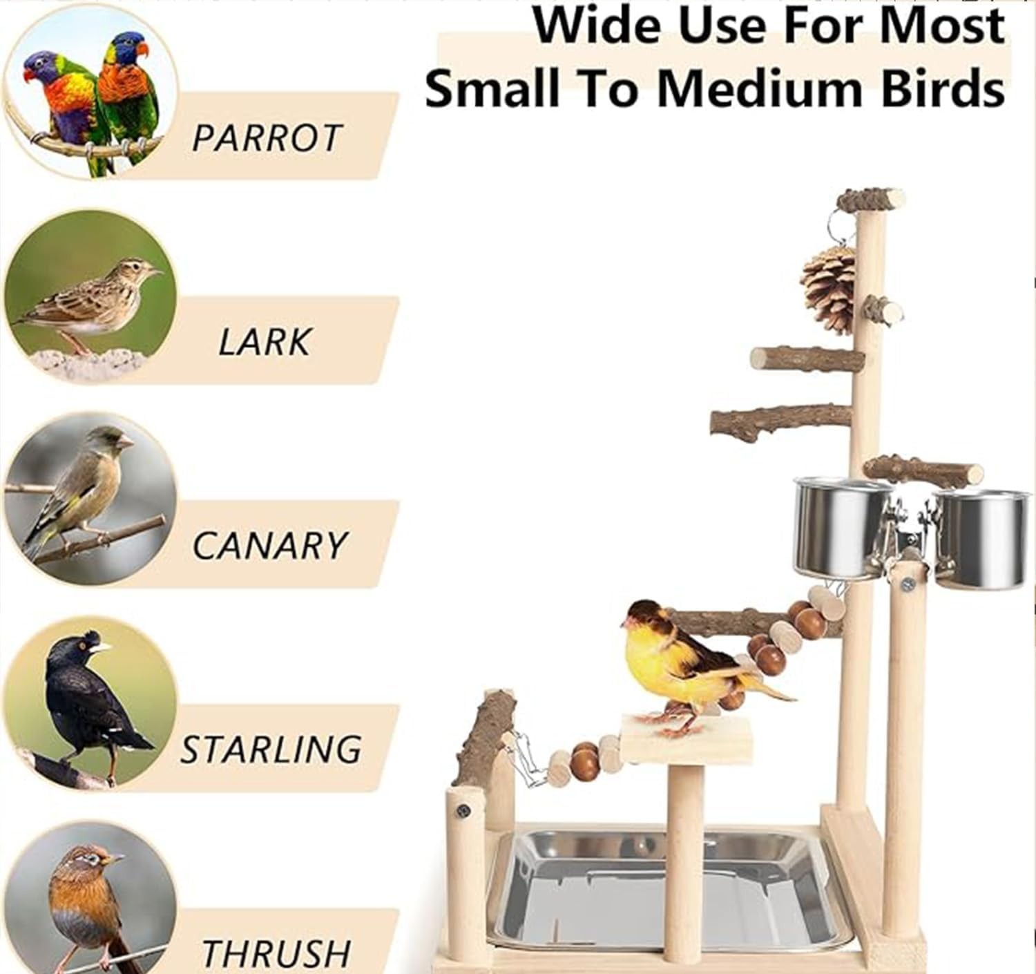 Wood Pet Parrot Playground Bird Play Stand Toys Avian Perch Avian Cage Accessory with Feeder Cups for Cockatiel Parakeet image number 1