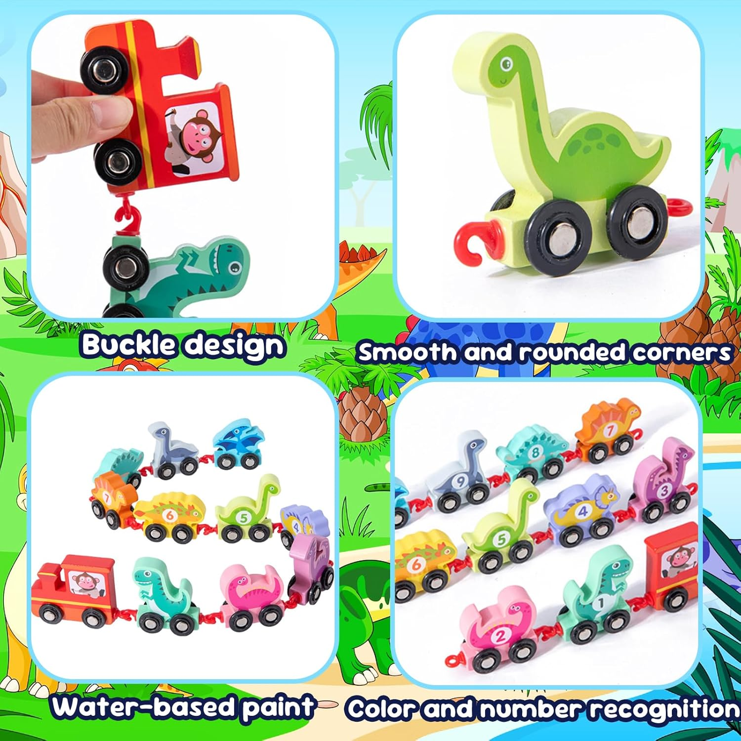 Montessori Dinosaur Toys for 2-4 Year Olds &ndash; Wooden Train Set with Storage Bag and Playmat, Educational Toy for Toddlers Boys & Girls image number 1