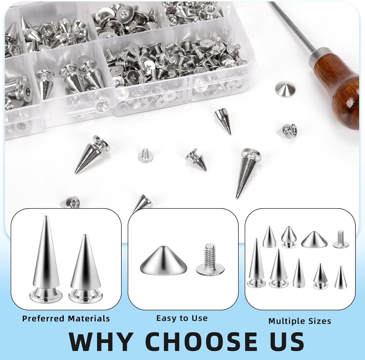 Glarks 355Pcs Silver Punk Spikes and Studs Kit, 7 Sizes Zinc Alloy Cone Spike and Stud Rivet, Metal Leather Tree Spikes Studs with Scratch Awl Screwdriver Punch for Punk Clothing Jacket Shoes Wallet