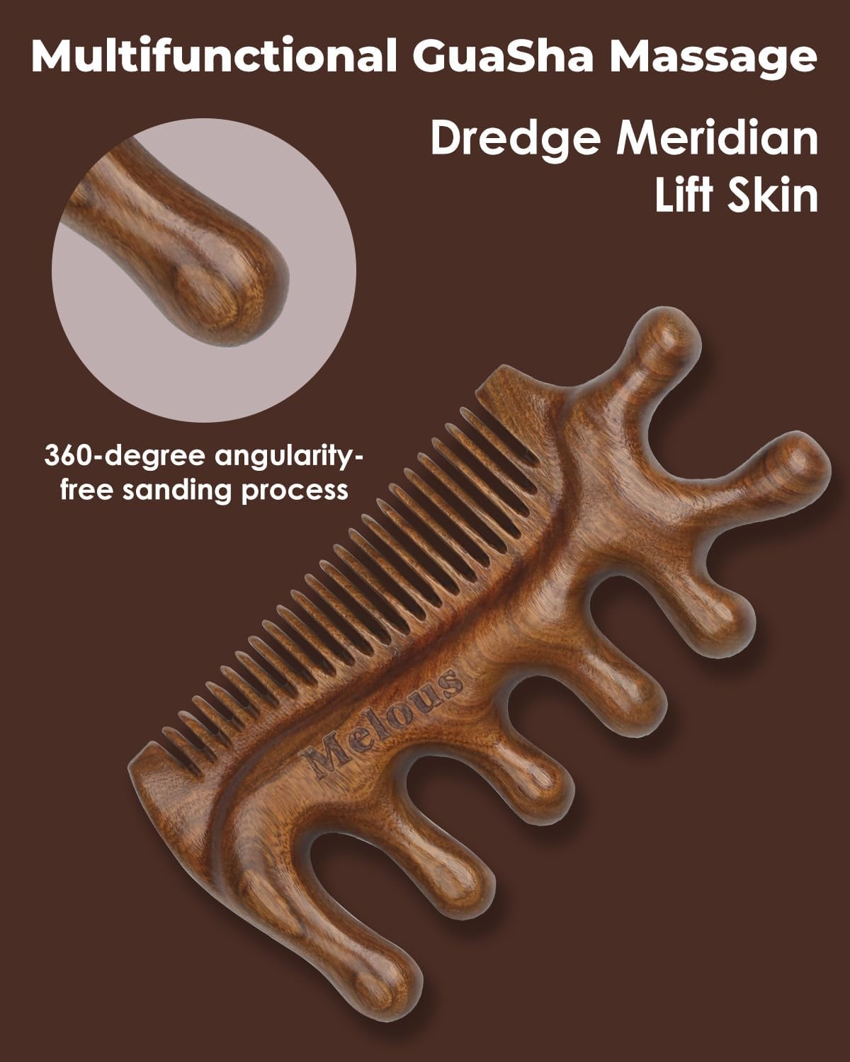 4 in 1 Sandalwood Gua Sha Massager, Scraping Massage Comb, Meridians Tool for Hair, Face, Eye Neck Body Massage image number 2