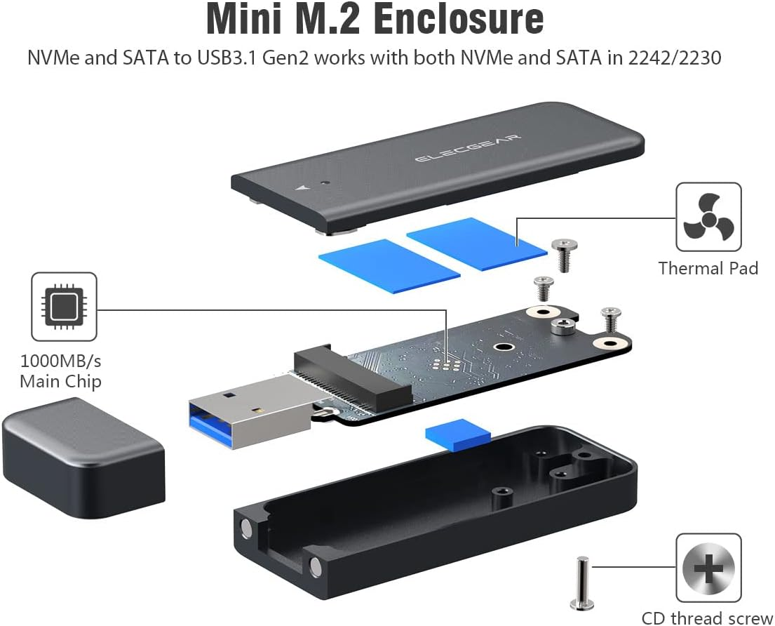 Elecgear USB Mini Enclosure for 2230/2242 Nvme and SATA M.2 SSD, Pcie and Serial ATA Aluminum Housing Case with Magnet Cap, 10Gbps Flash Drive Internal Memory Stick Card Reader (NV-2242A) image number 1