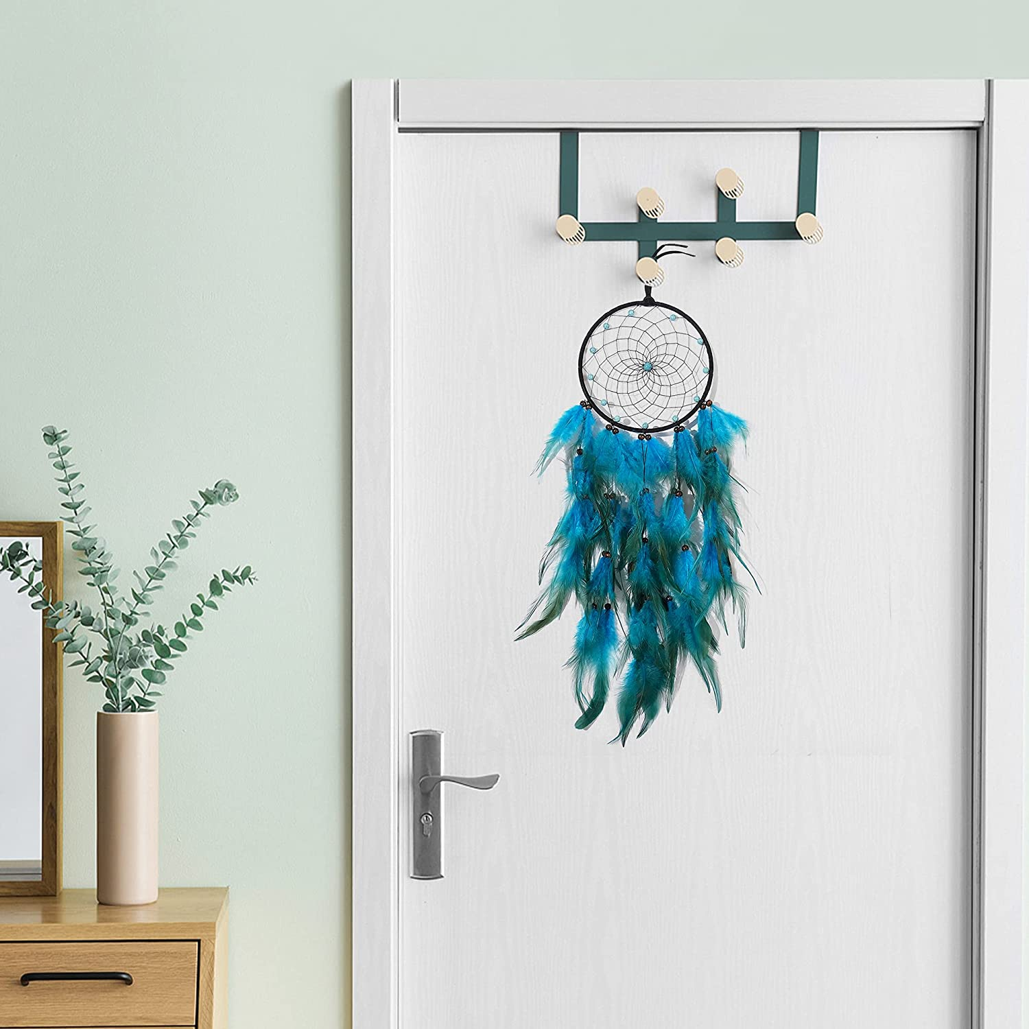 Dream Catchers with Blue Feathers, Handmade Boho Traditional Circular Net Dreamcatcher Wall Hanging Decor for Bedroom Dorm Home Ornaments Craft Gift (Black Circle) - 02-Tree-Blue image number 3