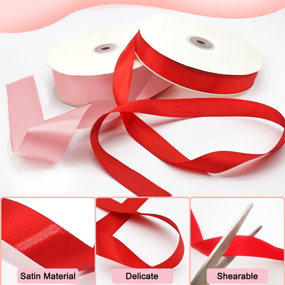2 PCS Ribbon for Gift Wrapping, AIFUDA Satin Ribbon 100 Yards 1.57Inch Pink Ribbon 100 Yards 0.79Inch Red Ribbon for Flower Bouquet Wedding Party Decoration image number 4