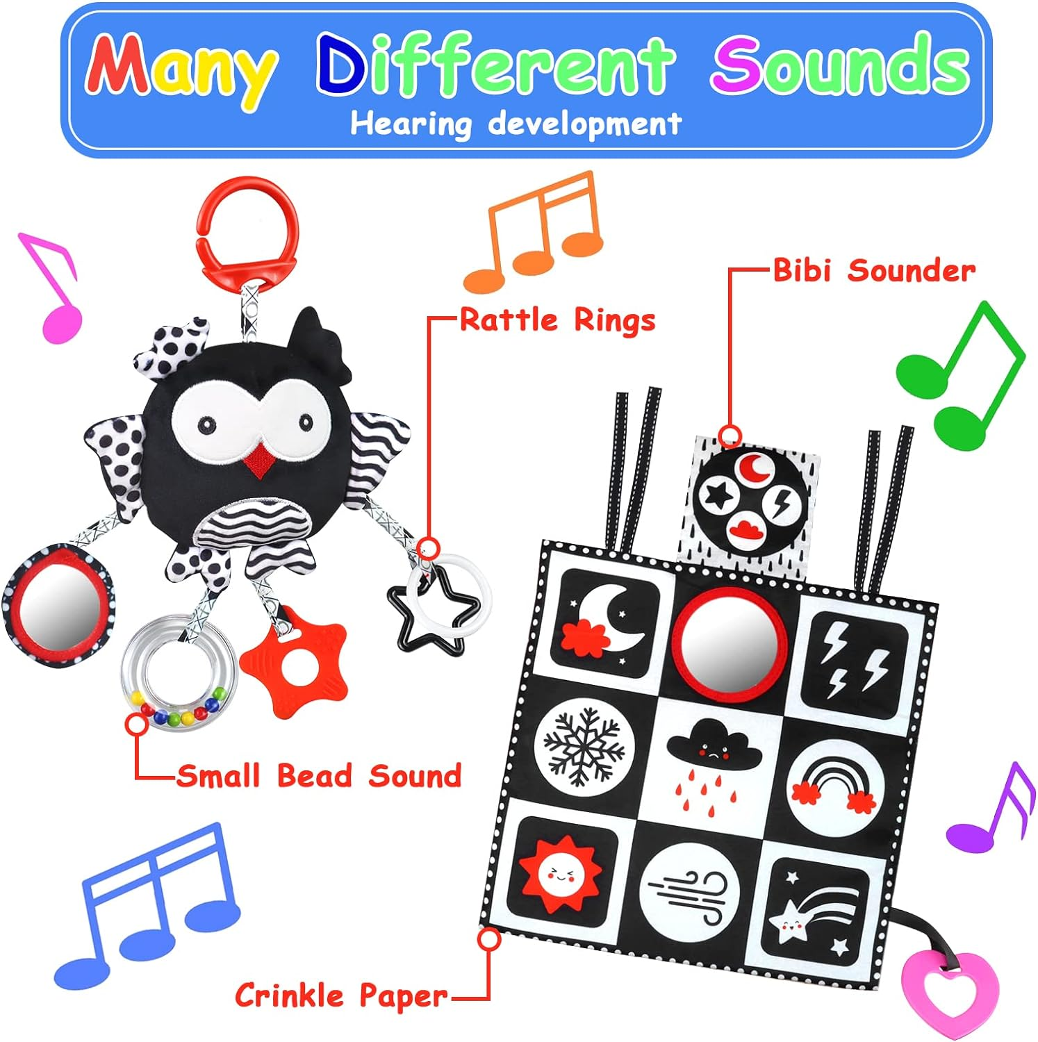 Black and White High Contrast Baby Toys 0-6 Months with Mirror, Crinkle and Rattles, Soft Baby Toys for Brain Development Montessori Sensory Tummy Time Toys Newborn Infant Toys for 0 3 6 9 Months Old