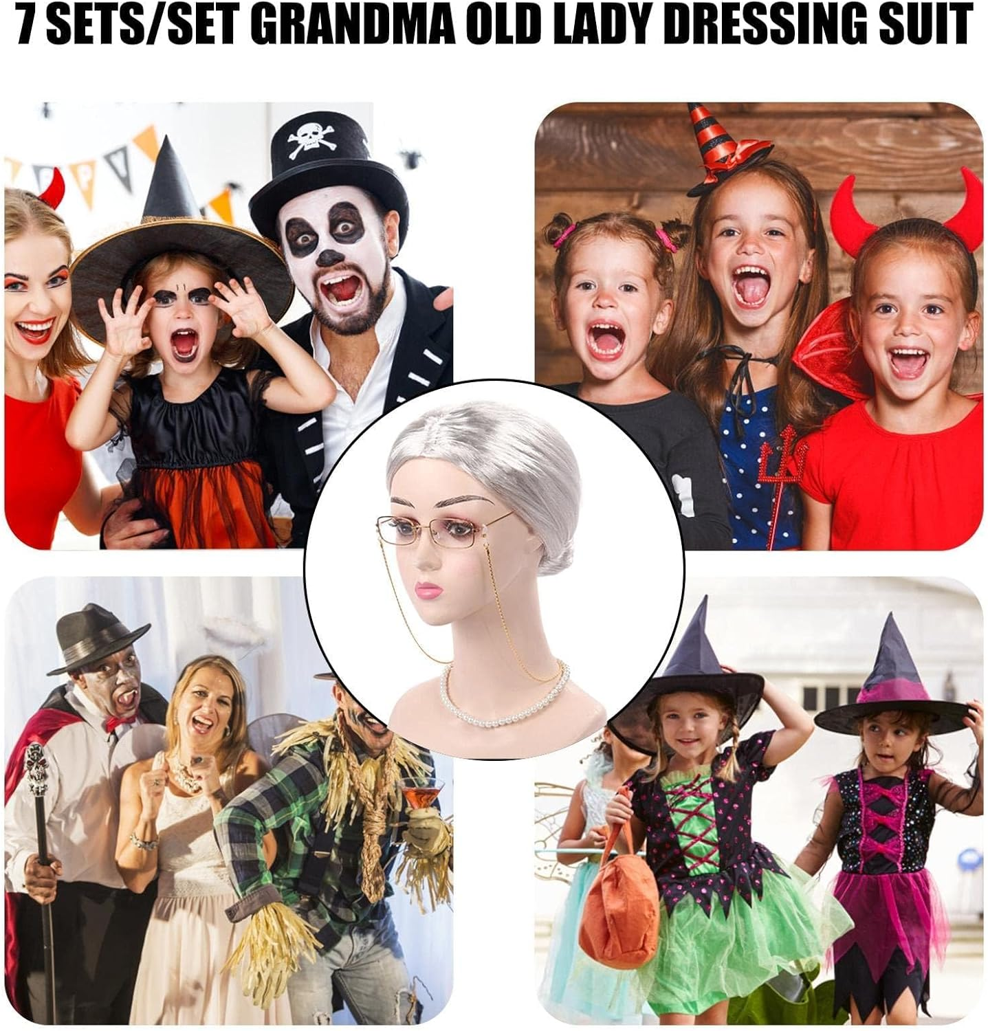 7 Piece Old Lady Dress Set, Grandma Witch Wig, Adult Children Halloween Party Cosplay, Silver and White Bun image number 4