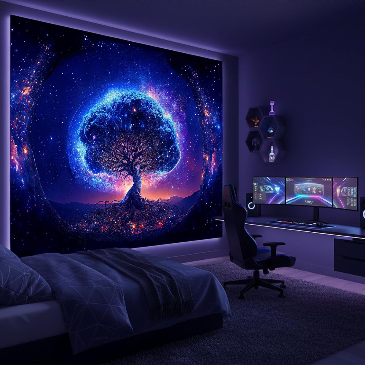 Blacklight Tree and Space Tapestry for Bedroom, Aesthetic Cool Black Light Tree of Life Tapestries for Girl, Fantasy Stars Galaxy Wall Hanging for Living Room Teen Dorm Decor (51" X 60") image number 6