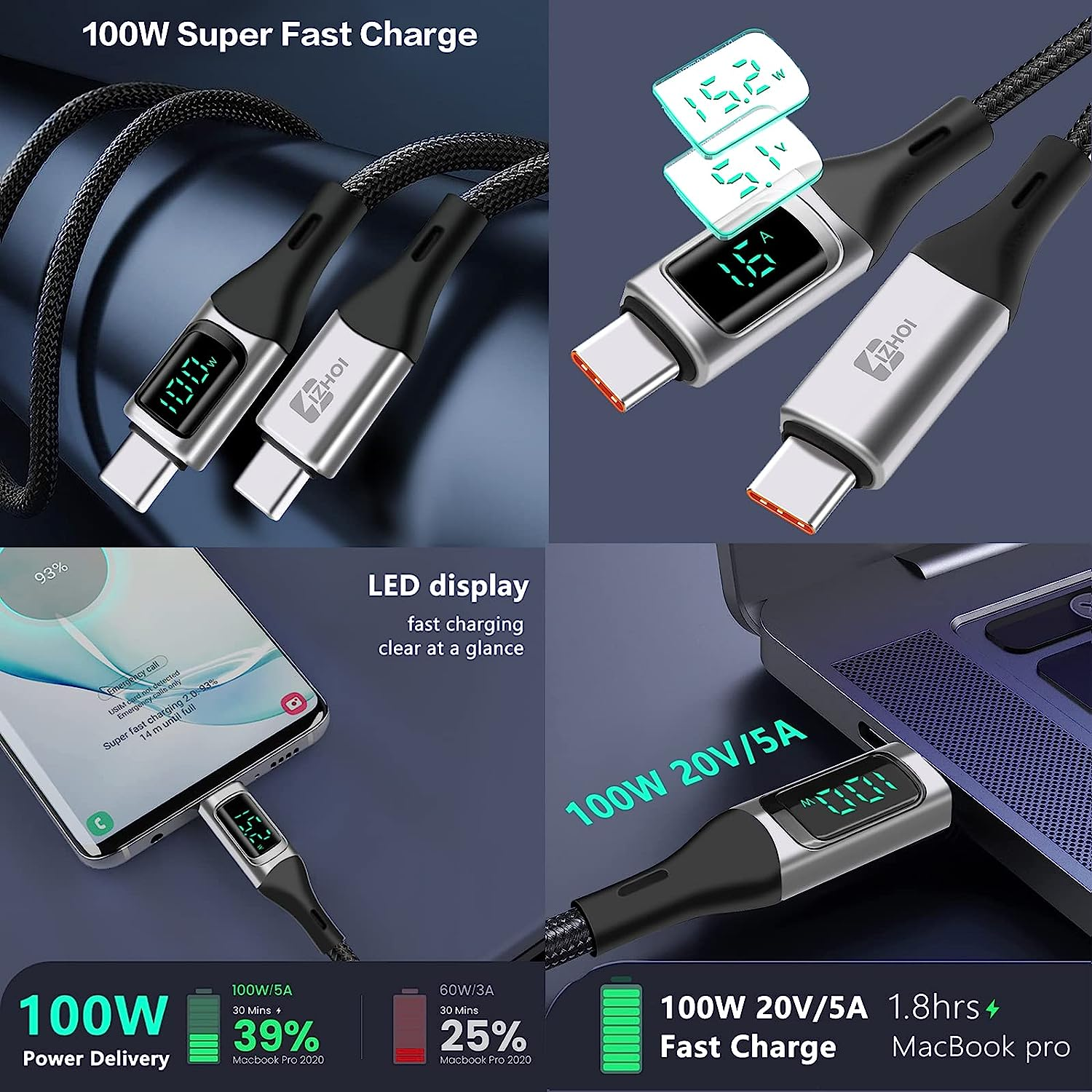 USB C Cable Display Watt USB C to USB C 100W Type C Cable Braided PD Fast Charging Cord Compatible with Galaxy S22 S21 Note 20 Mcabook Huawei Matebook USB C Devices (2M,Silver) image number 2