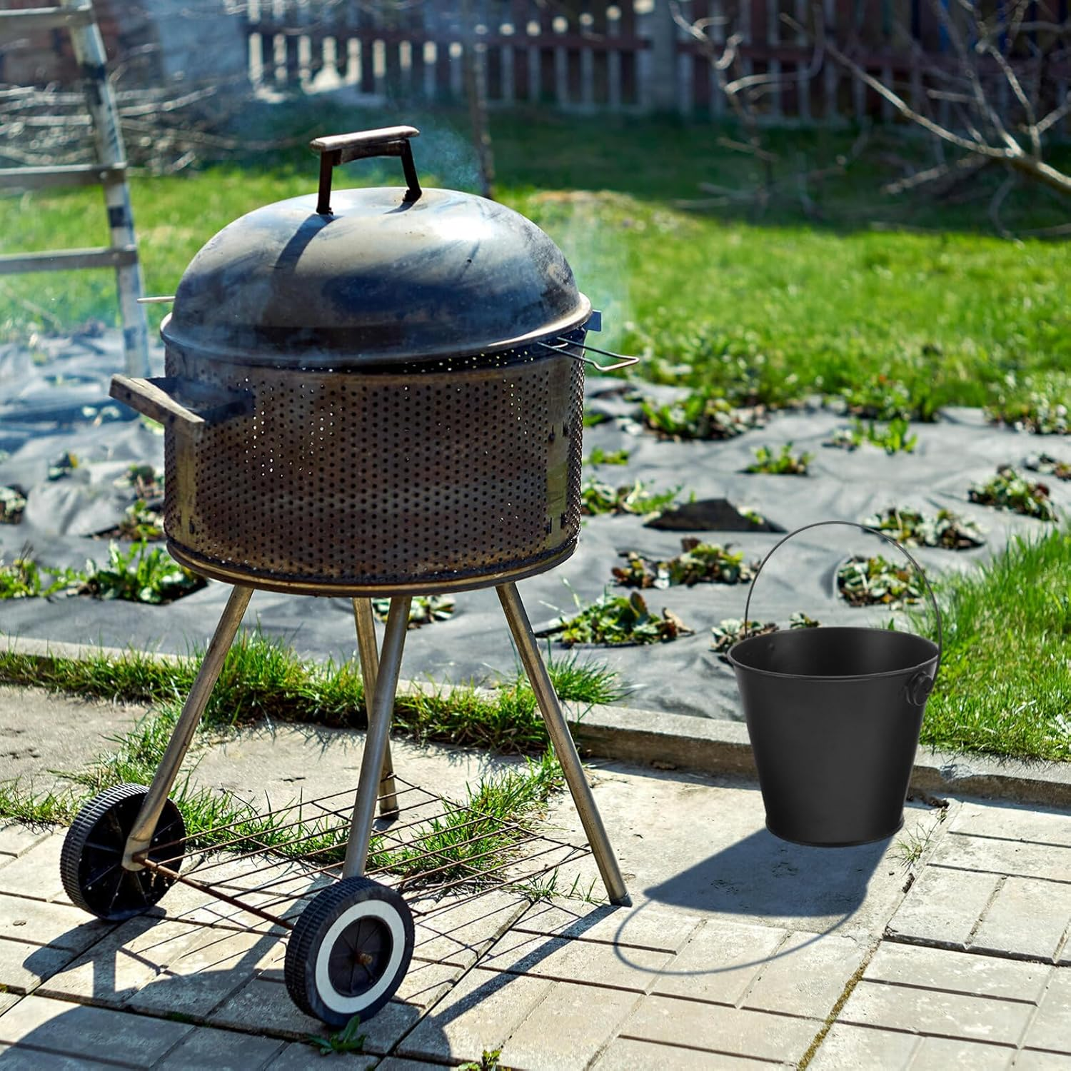 BESPORTBLE Ash Bucket Metal Coal and Hot Ash Pail Grill Grease Bucket Drip Bucket for Fireplace Camp Wood Pellet Grill BBQ Accessories Black image number 5