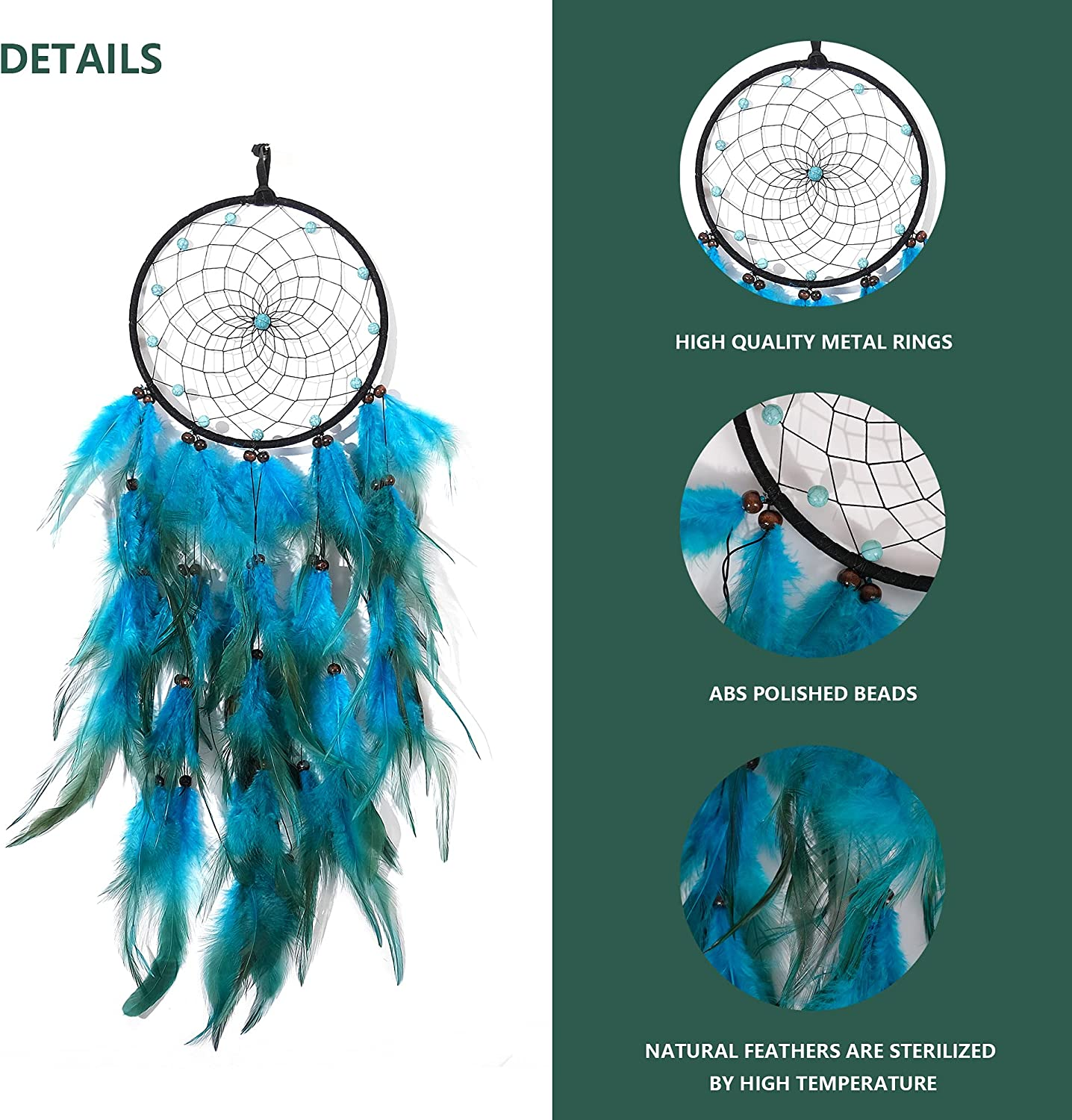 Dream Catchers with Blue Feathers, Handmade Boho Traditional Circular Net Dreamcatcher Wall Hanging Decor for Bedroom Dorm Home Ornaments Craft Gift (Black Circle) - 02-Tree-Blue image number 6