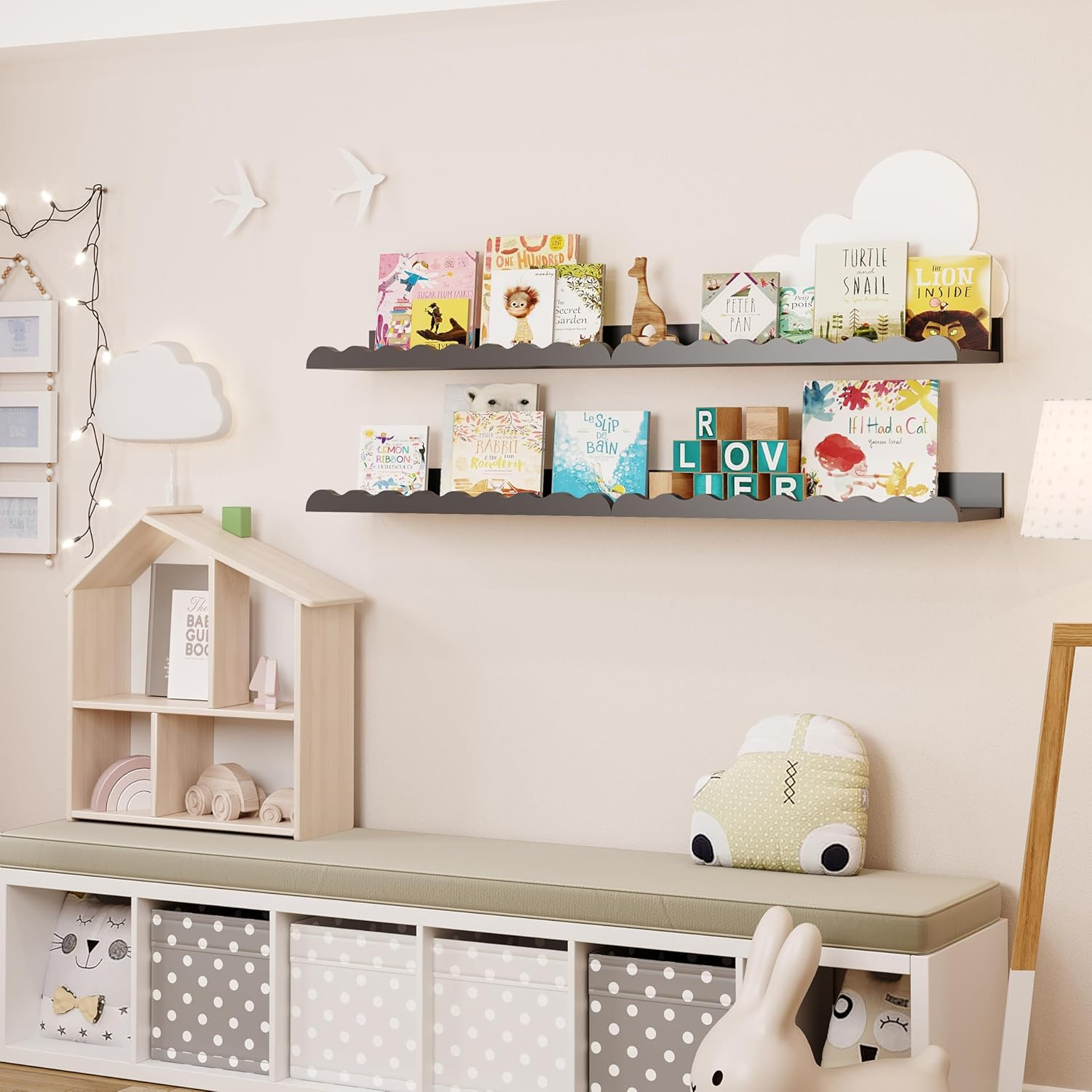 Kids Nursery Bookshelves, 4 PCS White Floating Book Shelves, Picture Ledge Shelf for Wall Decor and Storage - Perfect for Books, Toys, Photo Frames, and Nursery D&eacute;cor (Black)（16.5 * 3.34 * 1.97''） image number 5