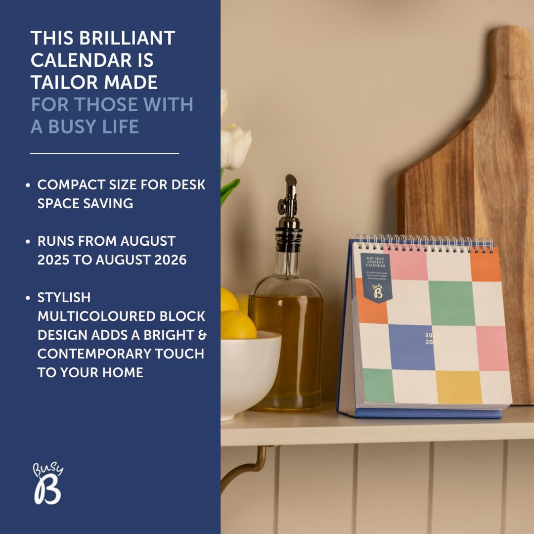 Busy B Desk Calendar - Mid-Year Academic Calendar &ndash; Aug '25 - Aug '26 &ndash; Multi Design - Features Built-In Stand, Flip-Top Binding, Year Planner & Storage Pockets for Organised Planning - 20 X 17Cm image number 4