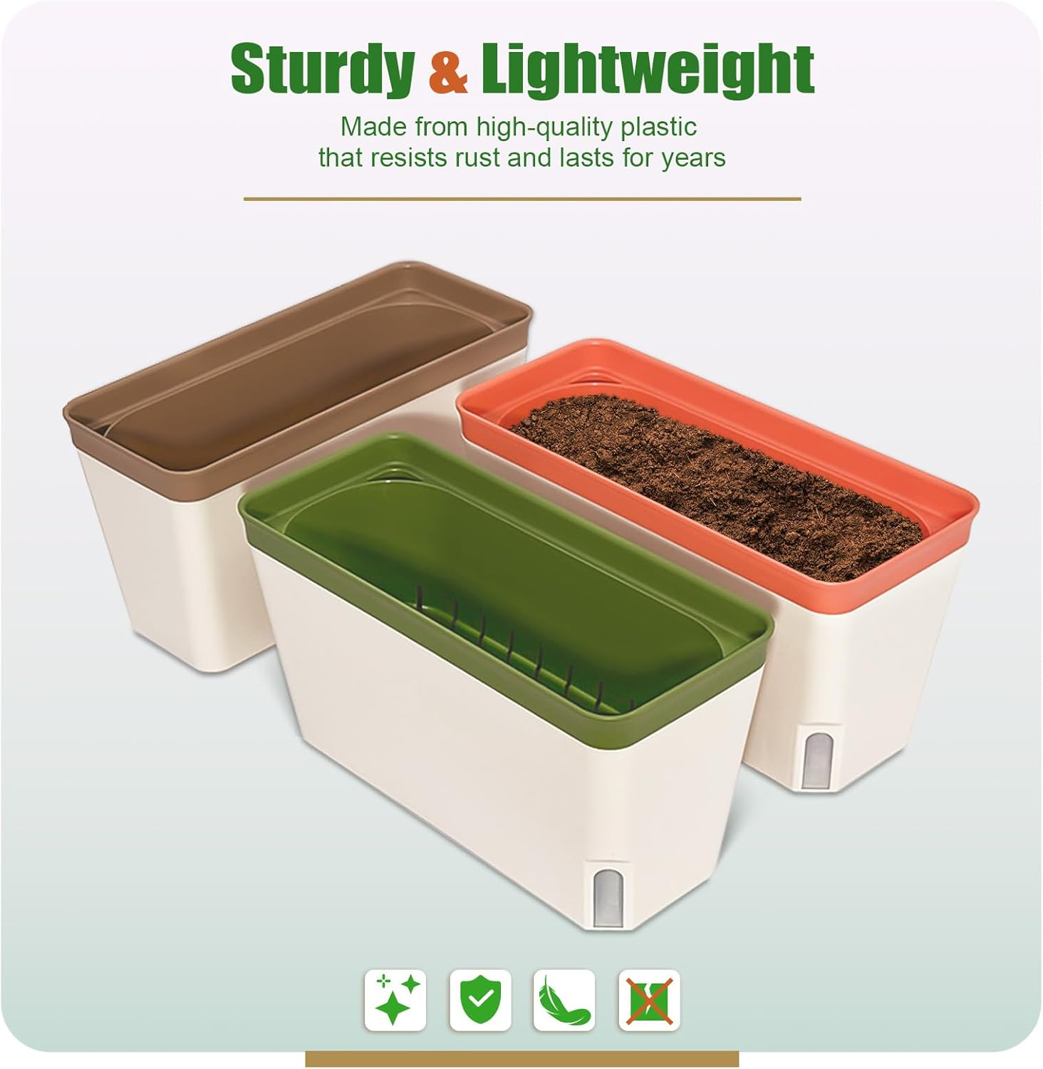 Ourwarm Windowsill Herb Planter Box, Set of 3, Self Watering Plant Pots, 10.5 Inch Rectangular Planter Pots, Decorative Garden Flower Pots for Indoor Plants, Herbs, Vegetables, Flowers (3 Colors) image number 6