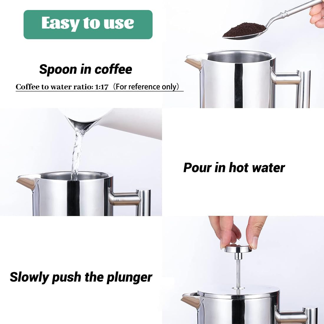 Stainless Steel French Press Coffee Maker (34Oz/1000Ml), Insulated Coffee Maker with Extra 2 Filters, Durable & Rust-Proof, Ideal for Home and Travel image number 2