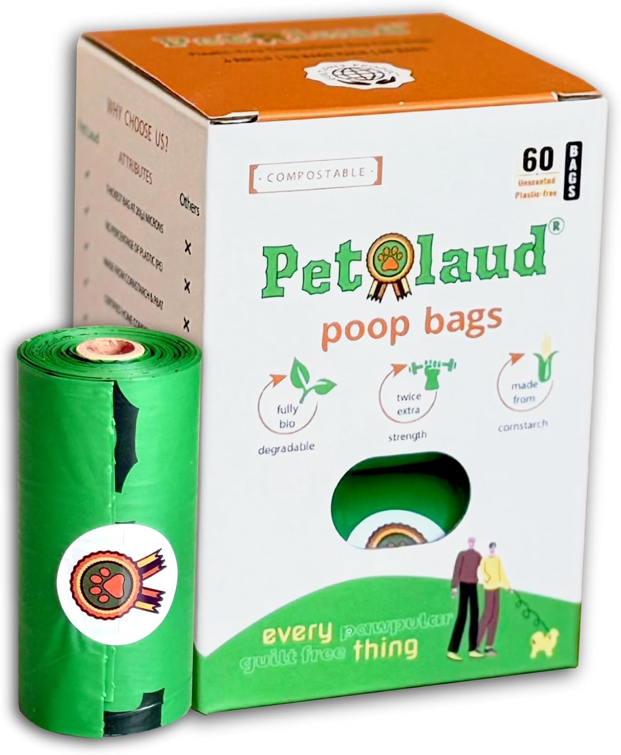 Petlaud Compostable Dog Poop Bags &mdash; Extra Thick, Leakproof, Plastic-Free &mdash; Certified ASTM D6400 & EN13432 &mdash; 60 Count image number 4