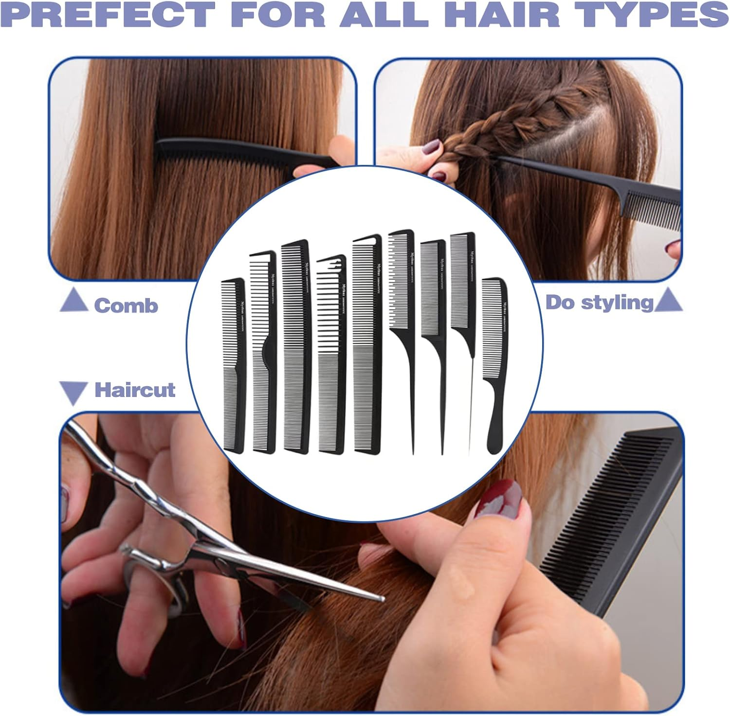 Mythus 9 Piece Black Hairdressing Carbon Comb Kit for Haircut anti Static image number 1
