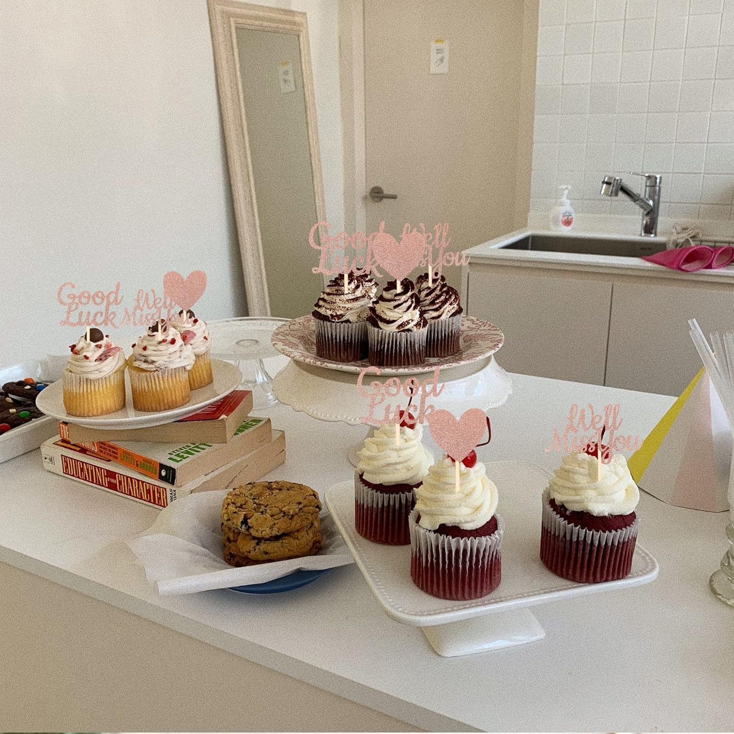 24 Pack We Will Miss You Cupcake Toppers Glitter Red Love Heart Good Luck Cupcake Picks Retirement Theme Going Away Party Cake Decorations (Rose Gold) image number 2