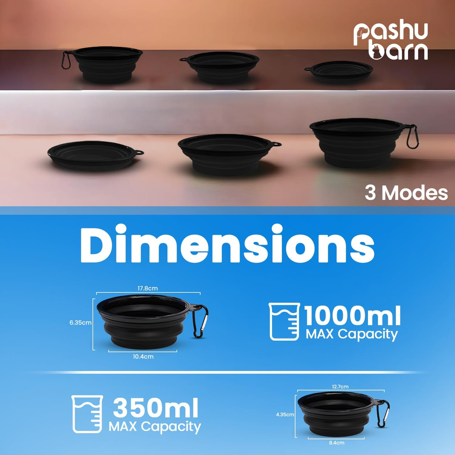 Set of 2 Collapsible Dog Bowls for Food & Water - Extra Large 1000Ml and Small 350Ml- Portable, Foldable Travel Dishes with Leash Attachment - Ideal for Puppies - Black (XL) & Black (Small) image number 1