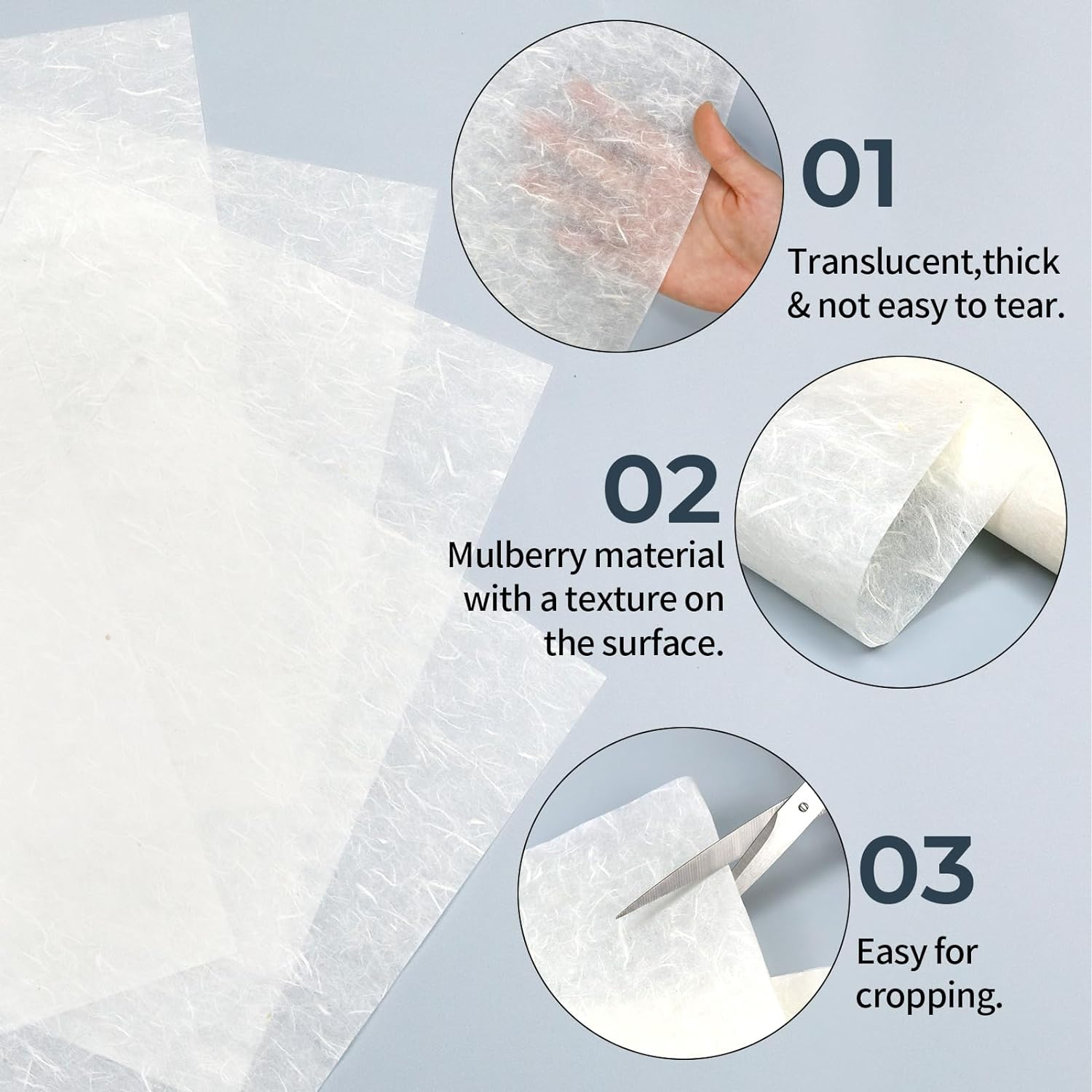 FIVEIZERO 50 Sheets A4 Mulberry Paper Natural Fiber Rice Paper, 8.3X11.7In White Decoupage Tissue Paper for Crafts, Gift Wrapping image number 2