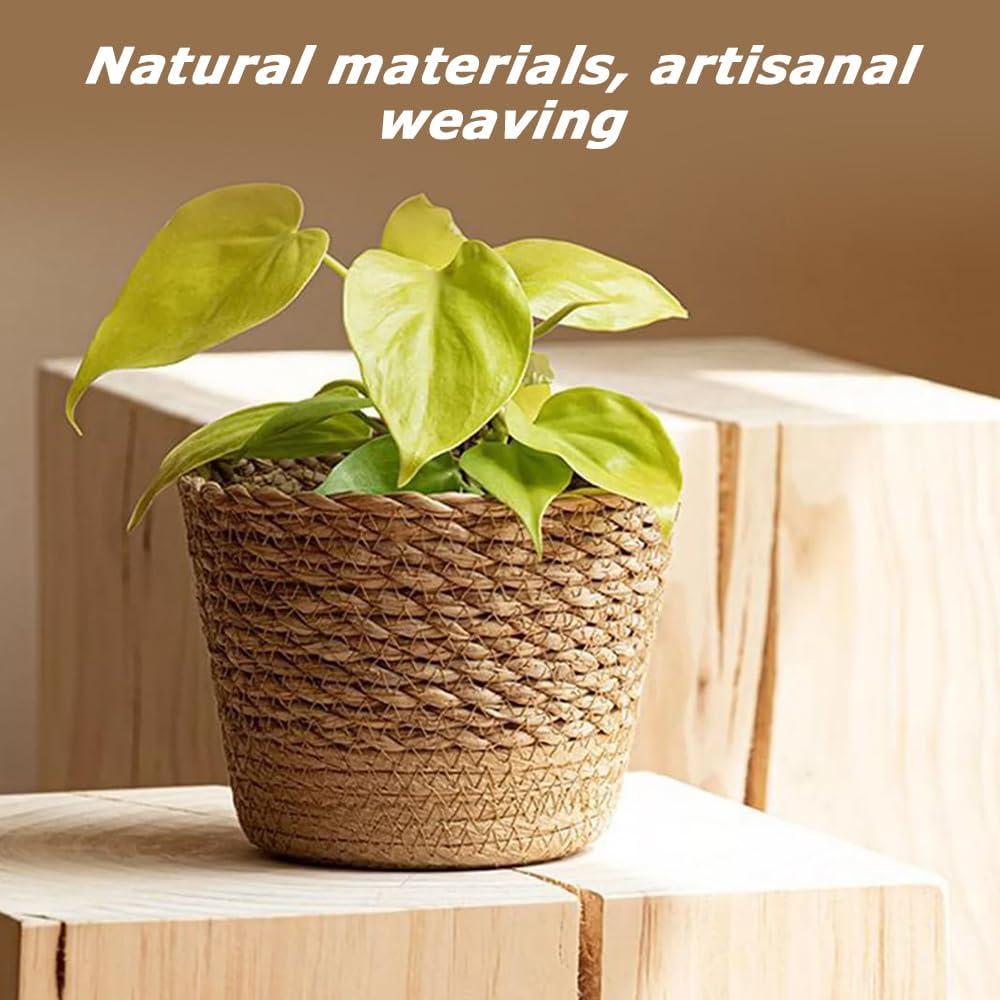 3 Pcs Handwoven Seagrass Planter with Waterproof Layer, Woven Tea Room Storage Baskets, Multi-Size Plant Pots &Organizer Bins, Rustic Coffee Brown Home Decor, for Living Room, Bedroom, Office