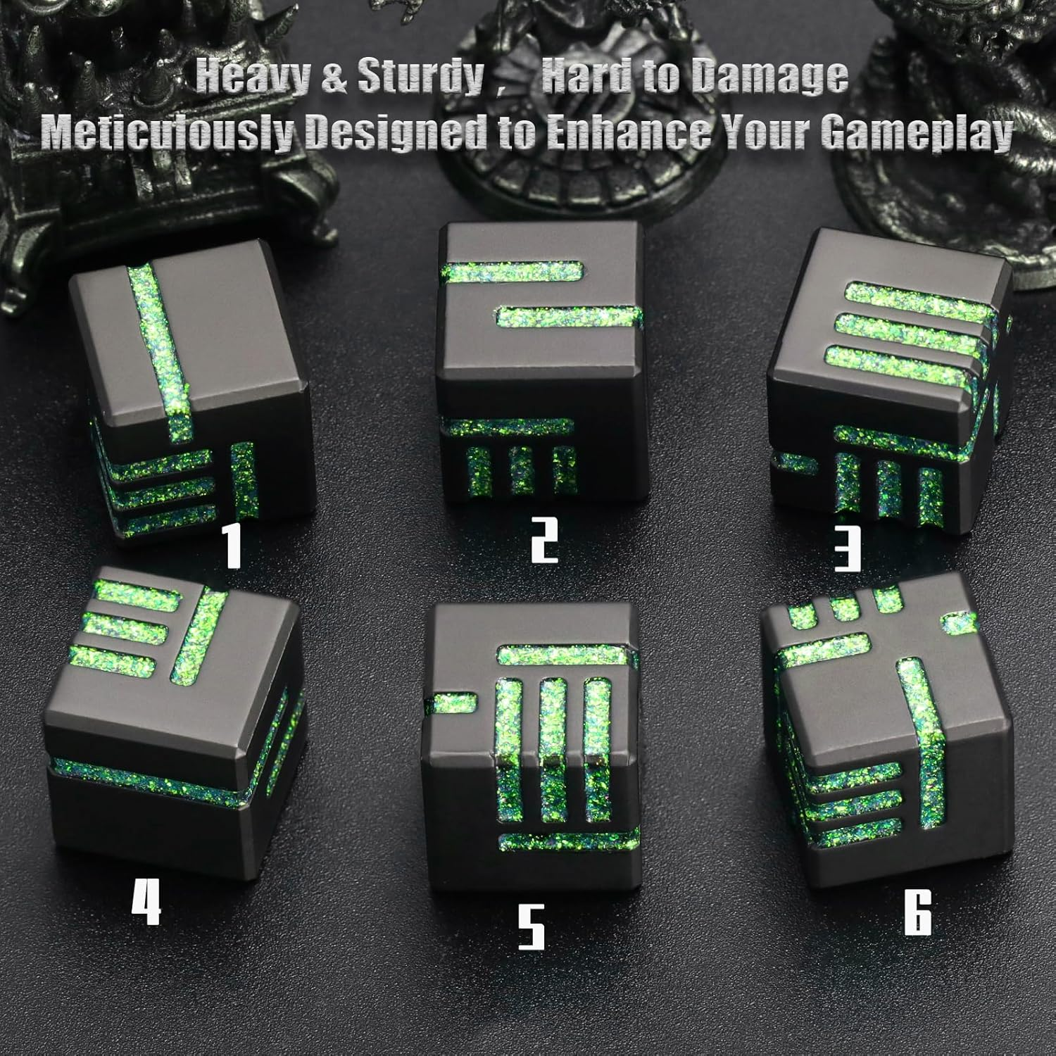 D6 Metal Dice Set 6 Pcs, Unique 6 Sided Die Great for DND Tabletop RPG Dungeons and Dragons Dice Collectors Gifts (D6 Black Green) - Green image number 7