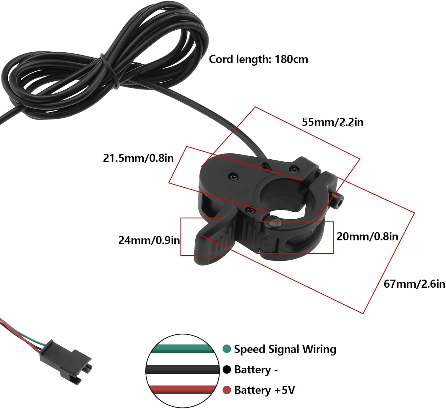 Emsea 1PC Electric Bicycle 300X SM Connector Speed Control Finger Throttle Accelerator Line Length 180Cm 24V 36V 48V 60V 72V Voltage for 22Mm Handlebars image number 4