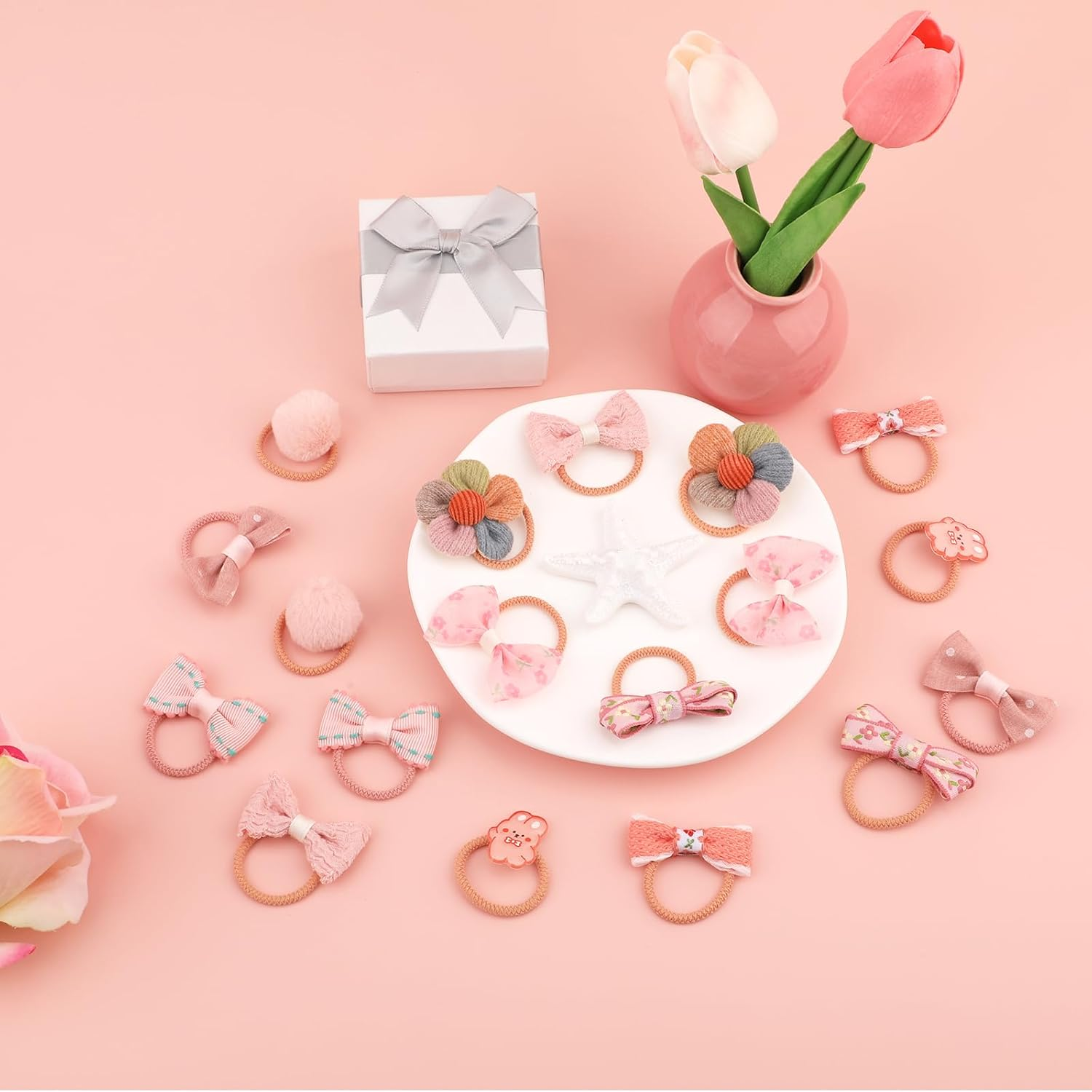 18Pcs Dog Hair Bows with Rubber Bands, Pink Small Dog Hair Bows Cute Puppy Bows Dog Hair Ties Flower Ball Bunny Bowknot Dog Hair Accessories Pet Hair Bows image number 1