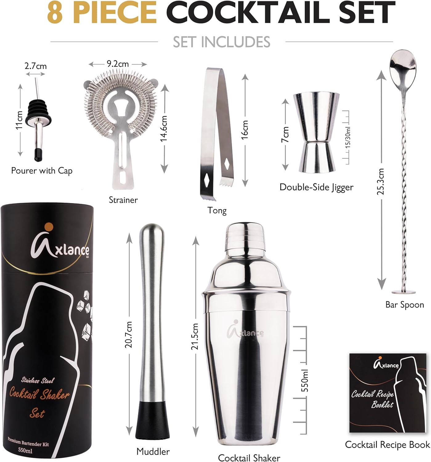 Cocktail Shaker Set 8 Pcs in Premium Packaging - Complete Cocktail Set - High Grade 304 Stainless Steel - 550Ml Cocktail Kit, Double-Sided Jigger - Including Cocktail Recipes Bonus