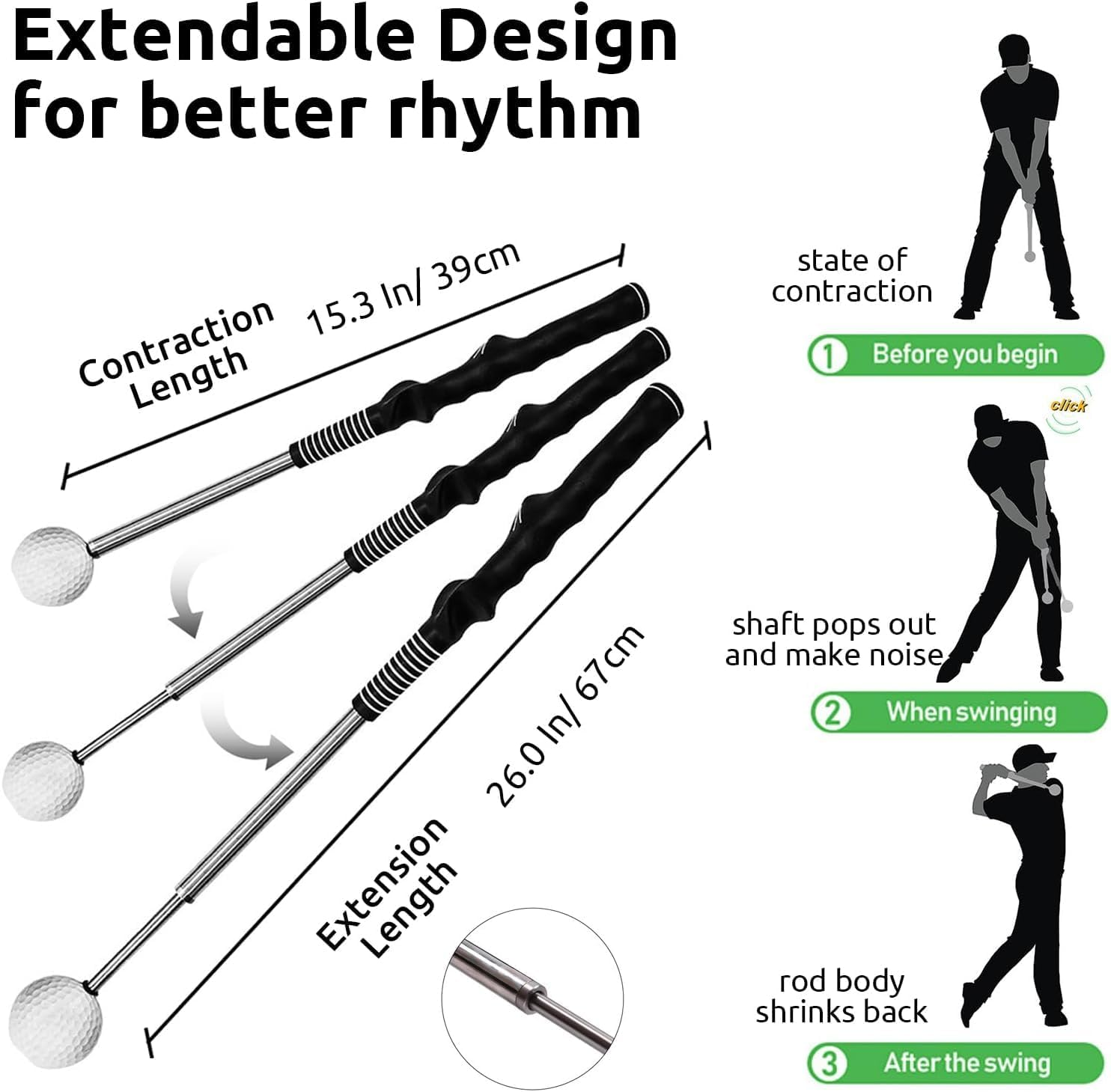 Golf Swing Training Aid, Stretchable Golf Swing Trainer Golf Grip Rod for Warm-Up, Indoor Practice, Golf Stick Improve Rhythm, Flexibility, Balance, Tempo and Strength for Chipping Hitting