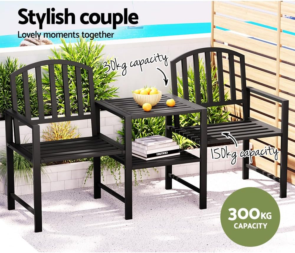 Gardeon Outdoor Garden Bench Seat, 2 Seater Steel Benches Lounge Chair Relax Patio Furniture Chairs Park Pool Backyard, with Folding Table Umbrella Hole Black image number 5