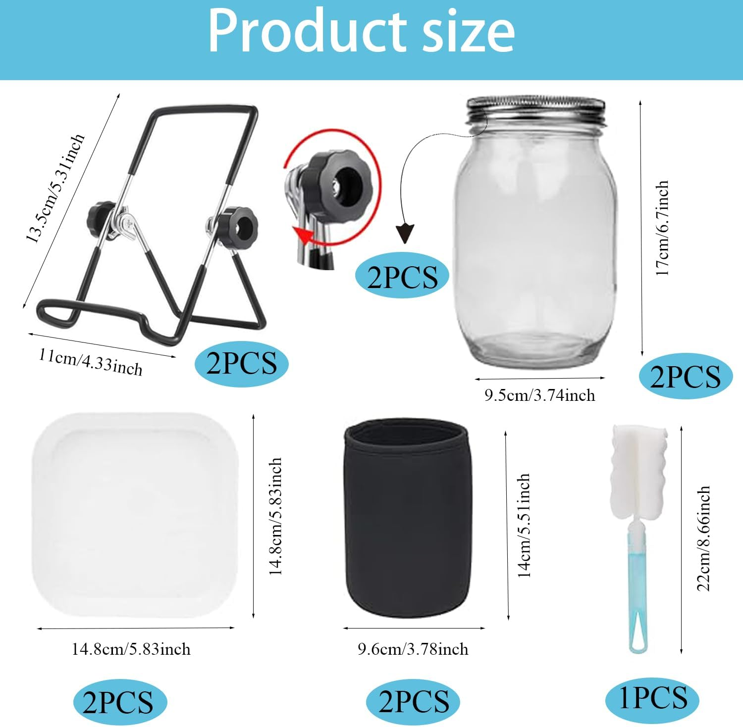 2-Piece Sprouting Jar Kit, Glass Jars with Stainless Steel Germination Covers, Adjustable Drainage Stand, Indoor/Outdoor Use, Clear