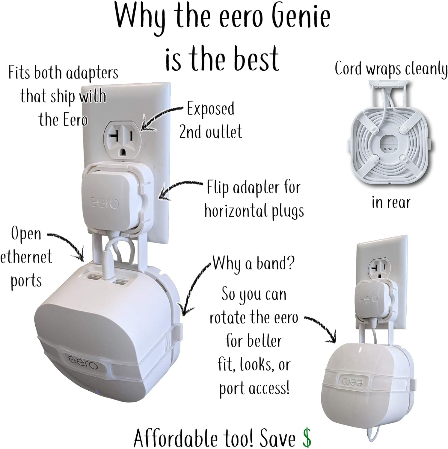 The Eero Genie for Eero 6+, Eero 6, and Mesh Wi-Fi: Wall Mount Outlet Holder Stand | Lowest Profile | Open Access | Multiple Install Options | Horizontal Outlets | Design Winner! (2-Pack) image number 6