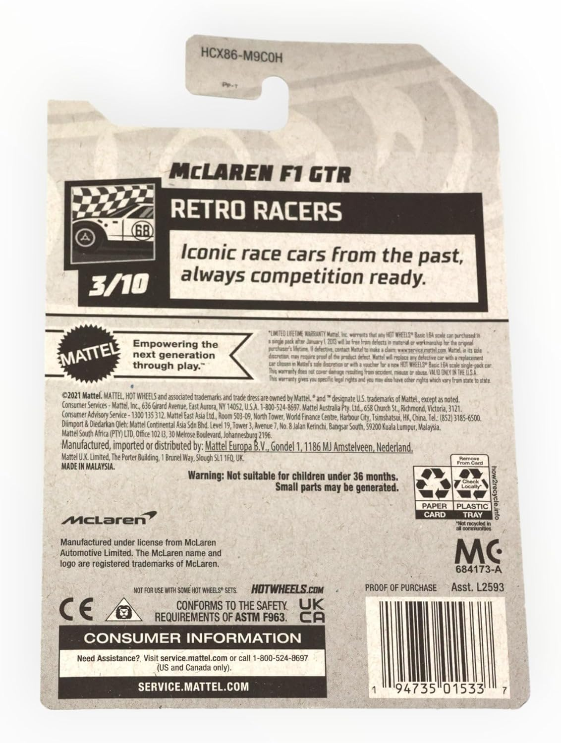 Hot Wheels Mclaren F1 GTR 1:64 Scale Die Cast Car, Orange, Shock Resistant, 7 X 4 X 2 Inches, Ages 1+