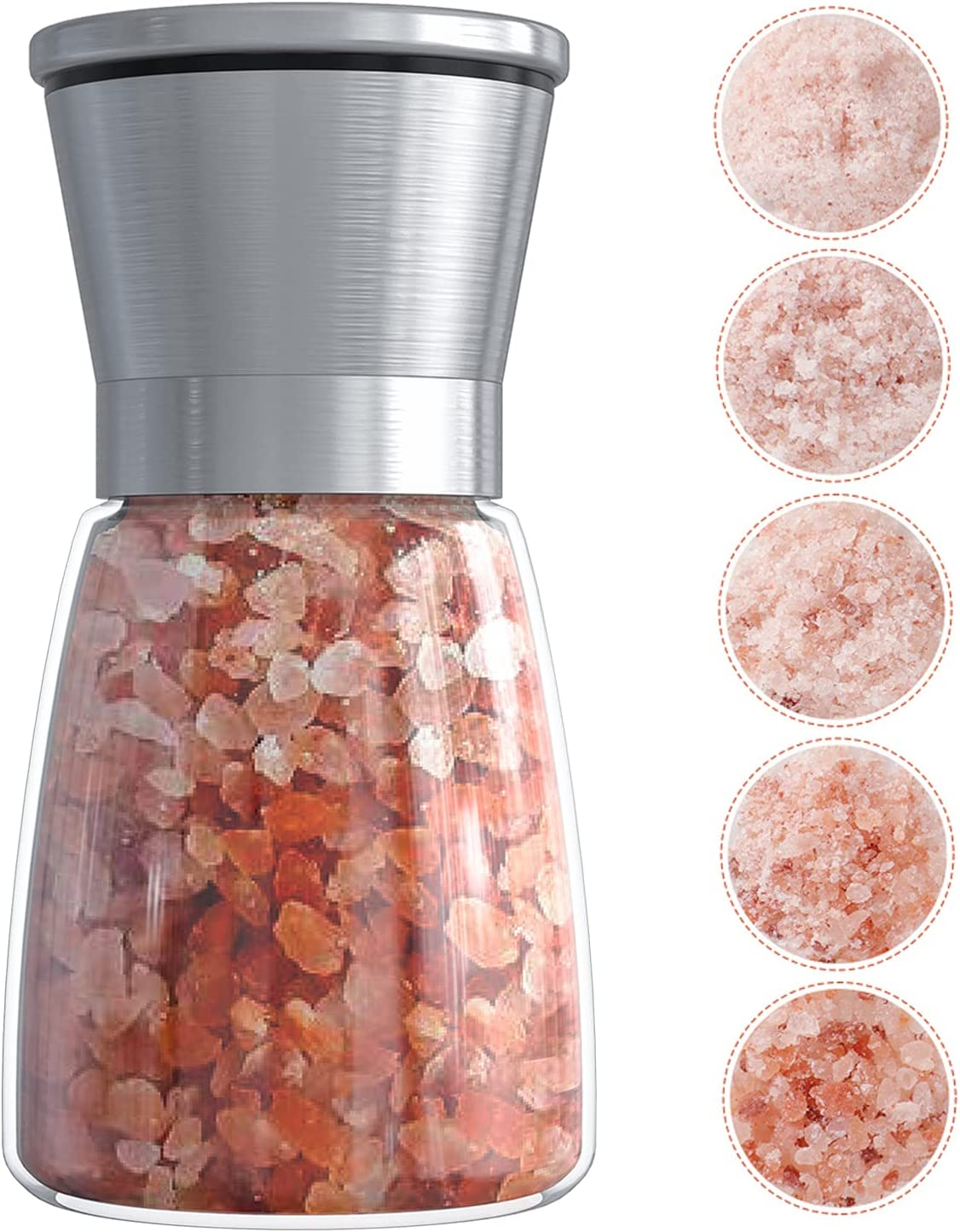 Salt and Pepper Grinder Set - Refillable Grinder Adjustable Coarseness of Pepper Salt Spice Stainless Steel Mills Glass 6Oz（2 Pack）