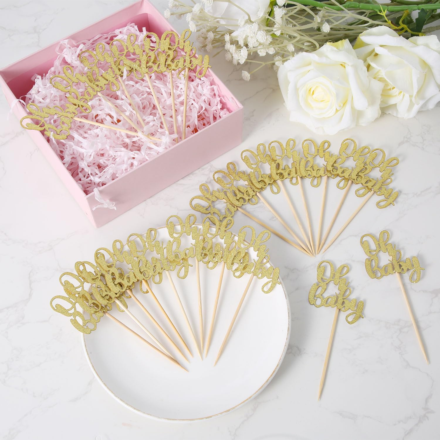 24Pcs Oh Baby Cupcake Toppers, Glitter Cake Picks for Boy or Girl Theme Baby Shower - Gold Decorations for Kids Birthday Party Supplies image number 4