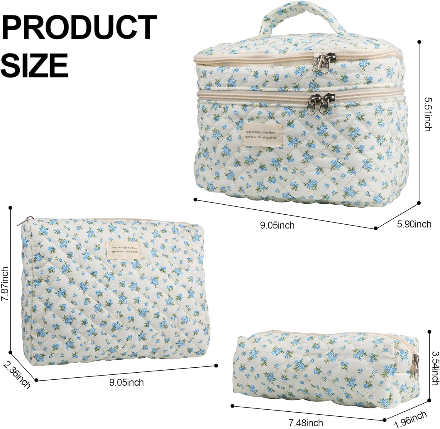 Cute Makeup Bag for Women(3 Pcs), Quilted Floral Coquette Aesthetic Make up Bags, Travel Cosmetic Bags Toiletry Organizer Bag, 12 - Blue Rose