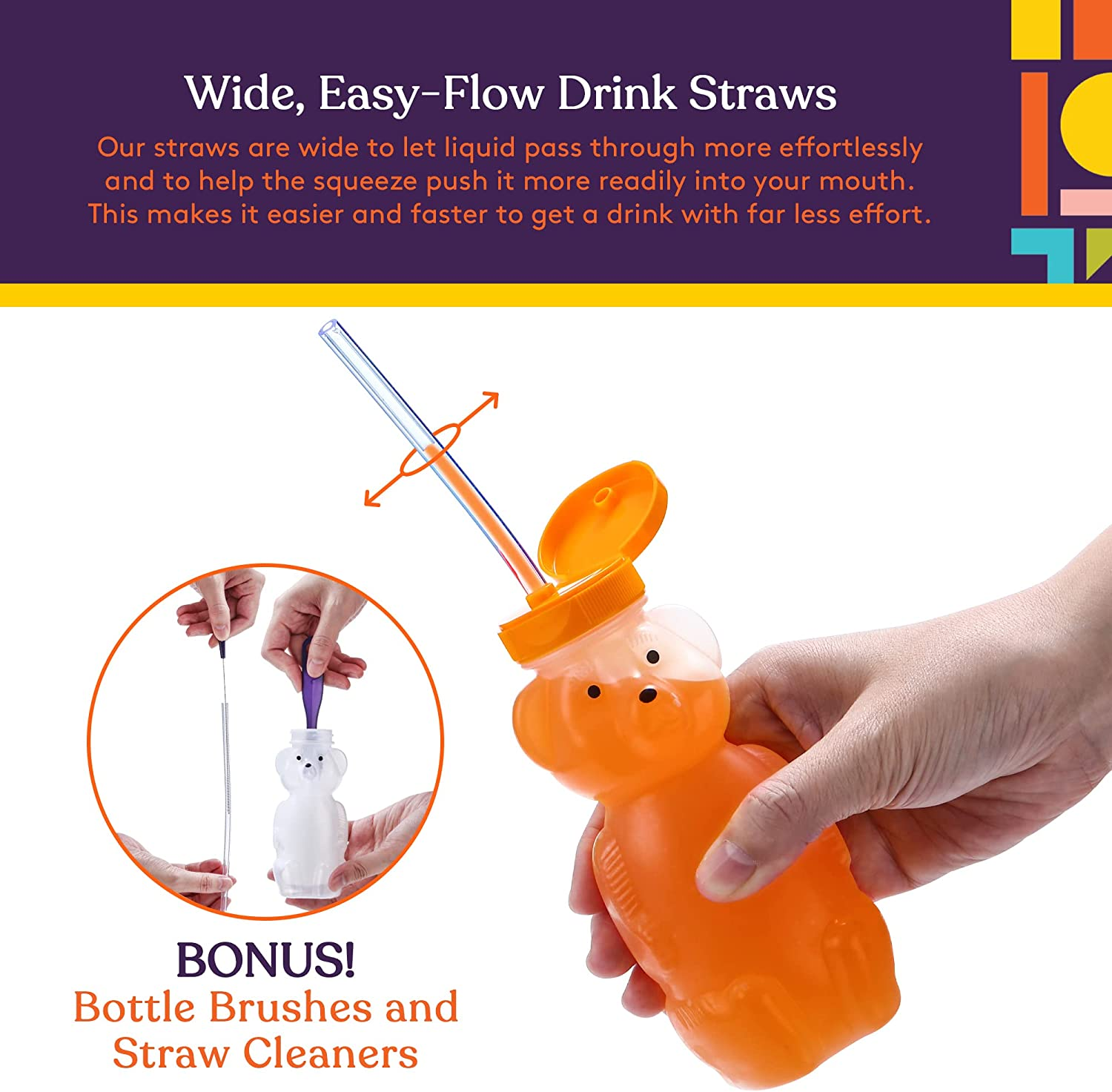 Special Supplies Honey Bear Straw Cup Long Straws, 3-Pack Squeezable Therapy and Special Needs Assistive Drink Container, Spill Proof and Leak Resistant Lid image number 4
