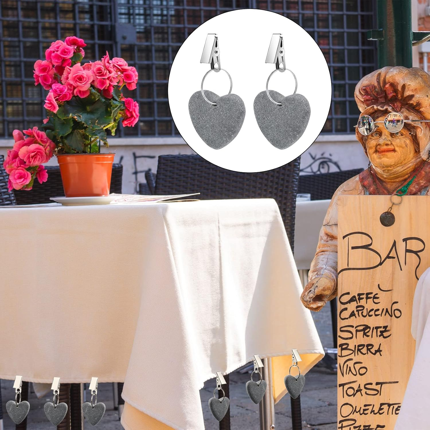 48 Pieces Tablecloth Weights Hangers Heart Stone Table Cloth Weights Tablecloth Clips for Outdoor Tables Heavy Curtain Weights Table Cover Clips with Stainless Steel Clips for Picnic (Light Gray) image number 2