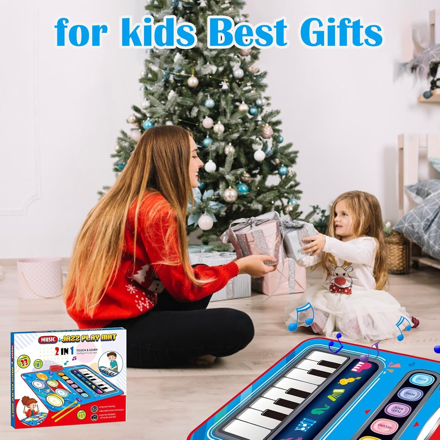 Musical Mat & Piano Keyboard & Drum 2 in 1 Floor Music Play Mat with 6 Instrument Sounds, Education Learning Toys Gifts for 3 Year Old Kids Girls Boys image number 4
