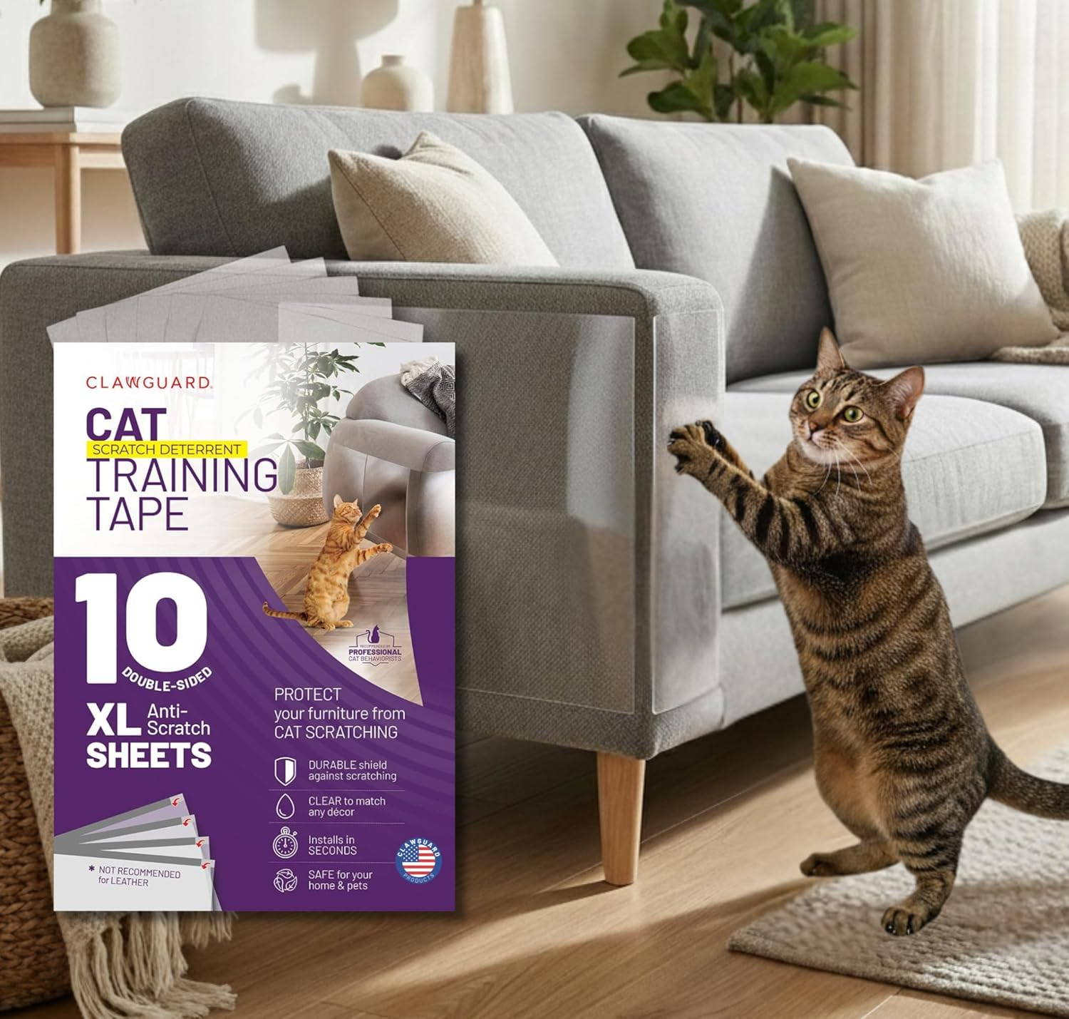 CLAWGUARD Cat Training Tape 10 XL Sheets - Deters Cats from Scratching - Stop Clawing Furniture and Surfaces - anti Scratch Shields for Cats - Cat Scratch Protectors for Sofa, Screen, Doors, Drapes image number 2